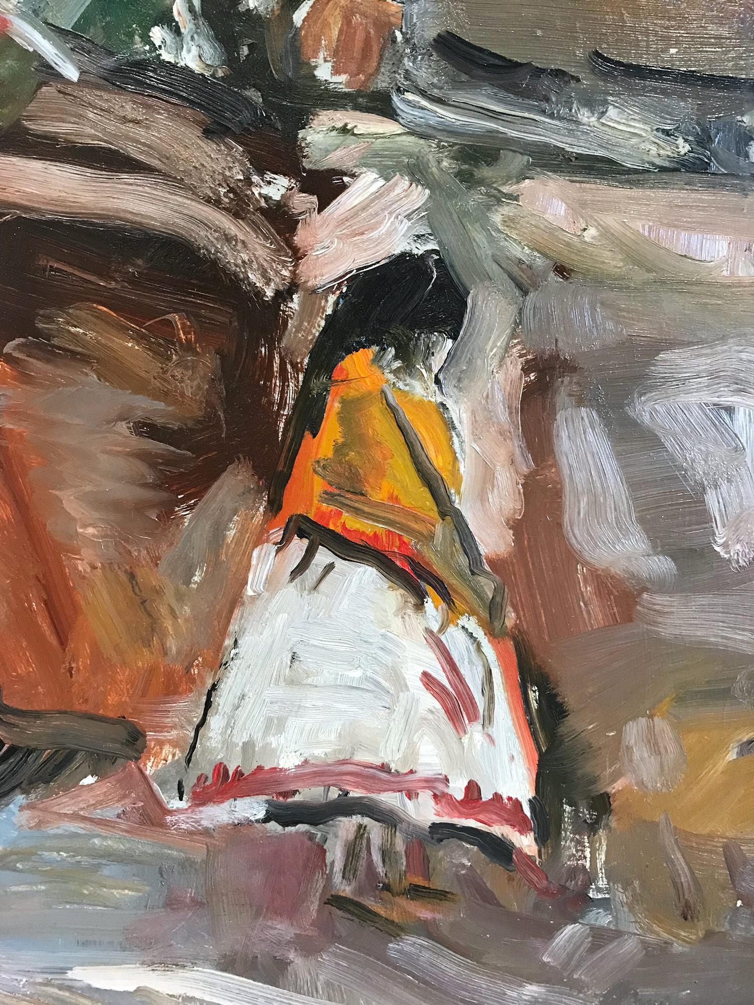 A strong modernist oil painting depicted in 1962 by Russian painter Michael Baxte. Mostly known for his abstracted figures on canvas or street scenes, this piece is a wonderful representation of his portraits in countryside landscapes with