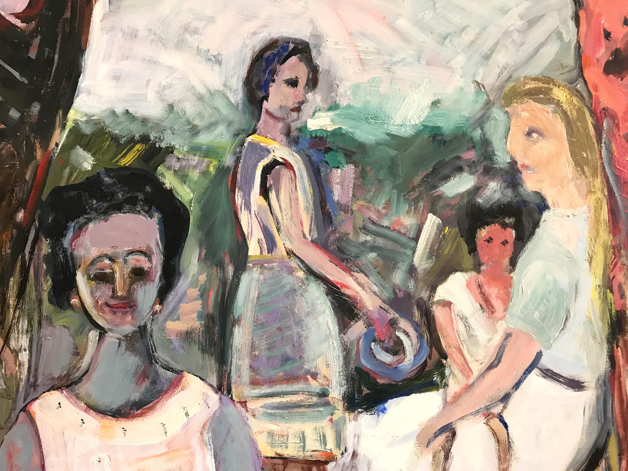 „Mexikanische Landschaftssszene mit weiblichen Figuren und Kind“, expressionistischer Stil – Painting von Michael Baxte