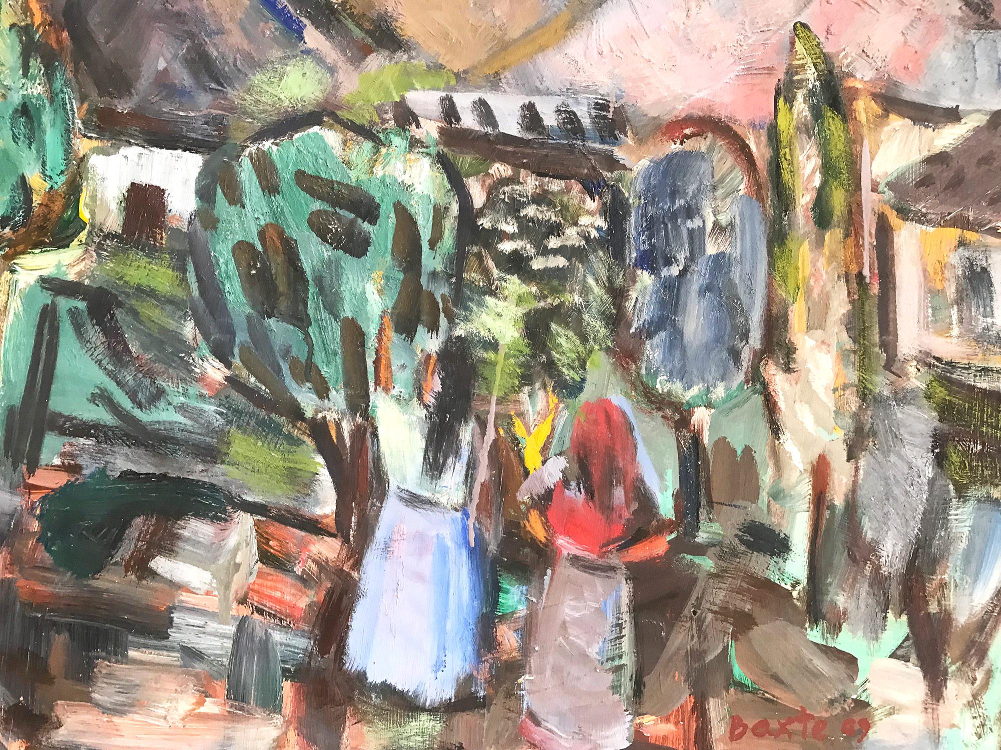 „Mexikanische Szene für den Außenbereich mit Figuren“, expressionistisches Ölgemälde auf Karton – Painting von Michael Baxte