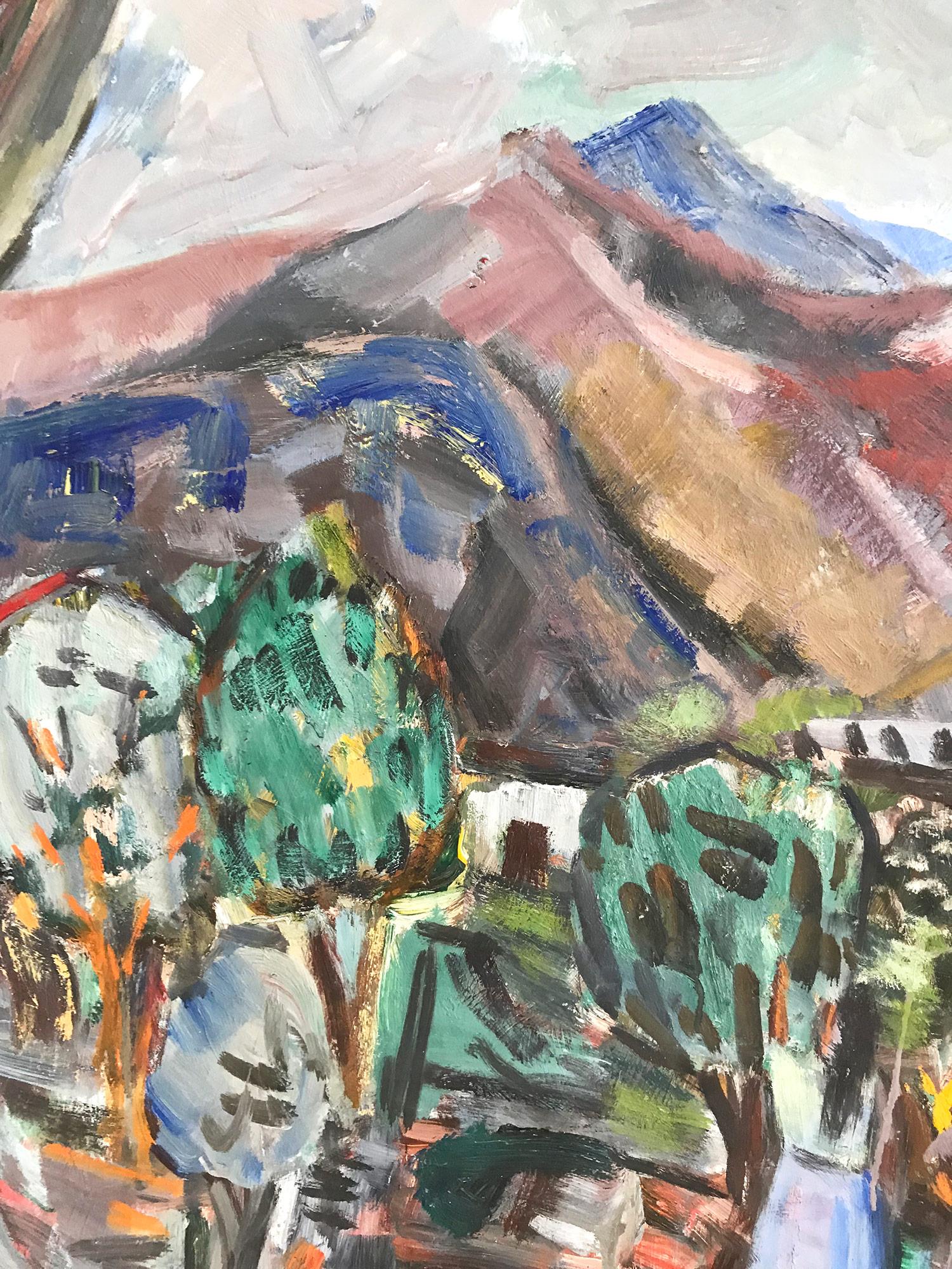 „Mexikanische Szene für den Außenbereich mit Figuren“, expressionistisches Ölgemälde auf Karton (Expressionismus), Painting, von Michael Baxte