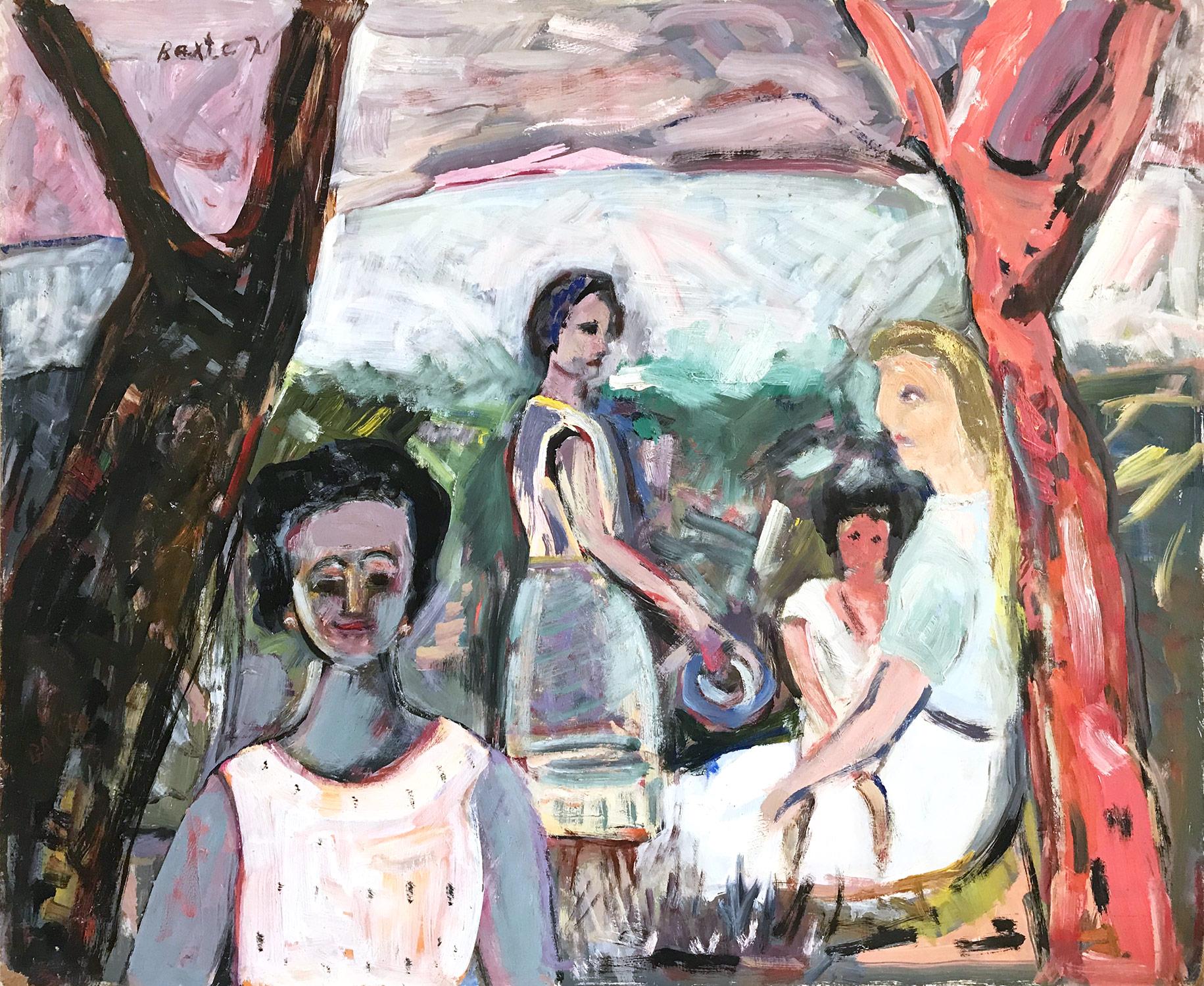 Michael Baxte Landscape Painting - "Mexican Landscape Scene with Female Figures and Child" Expressionistic Style