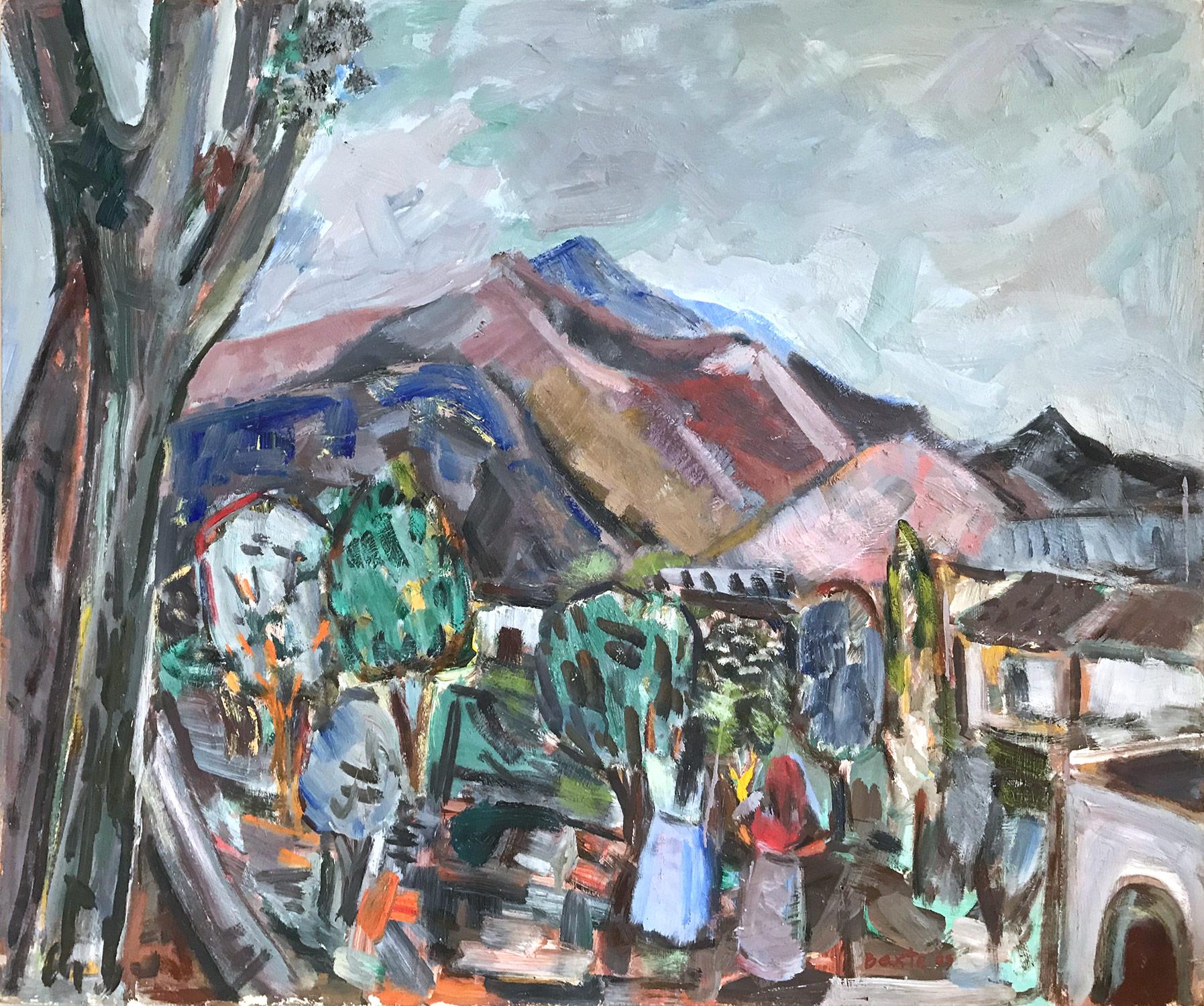 Michael Baxte Figurative Painting – „Mexikanische Szene für den Außenbereich mit Figuren“, expressionistisches Ölgemälde auf Karton