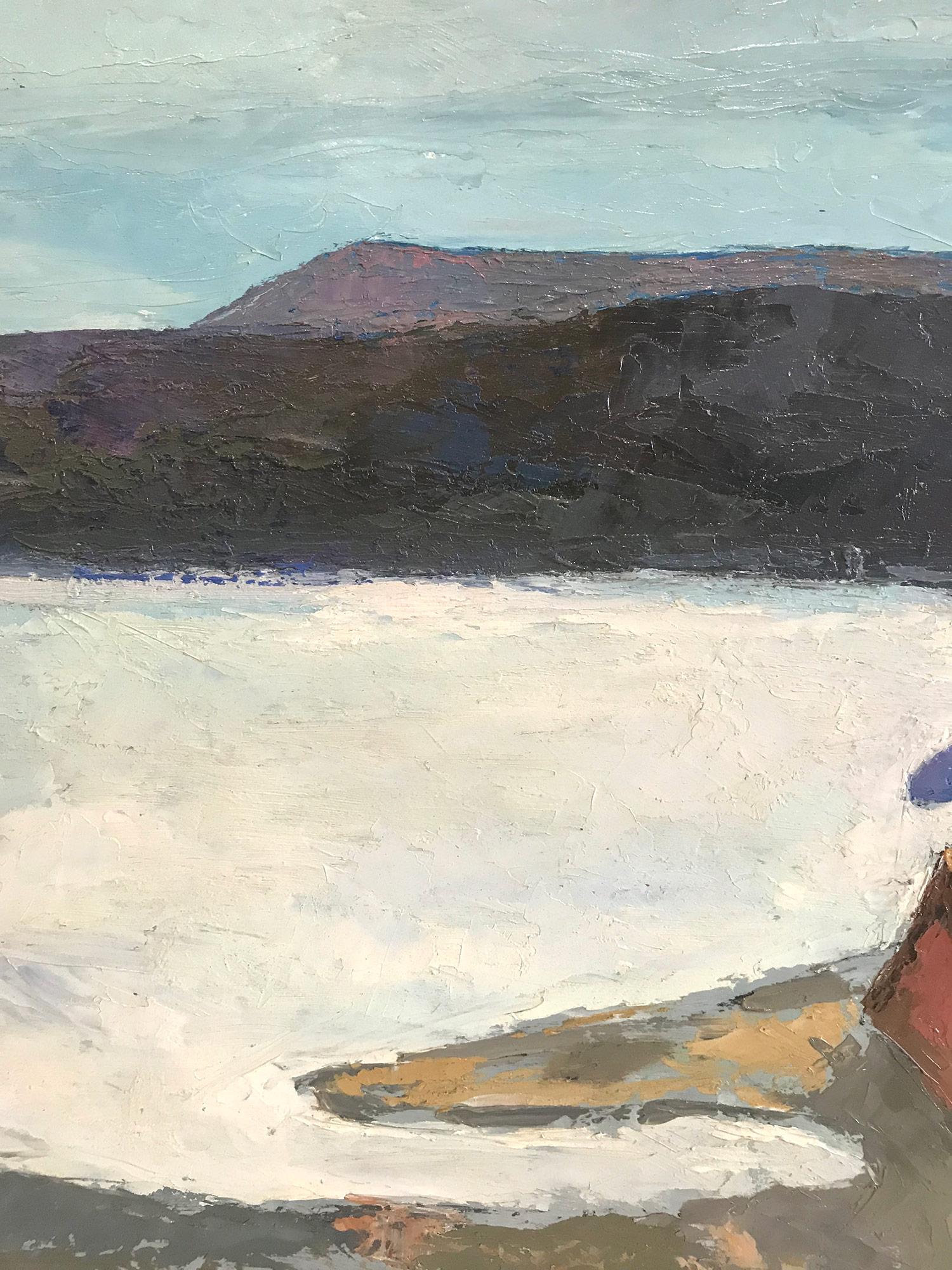 A strong modernist oil painting depicted in the Mid Century by Russian painter Michael Baxte. Mostly known for his abstracted figures on canvas or street scenes, this piece is a wonderful representation of his water landscapes with expressive use of