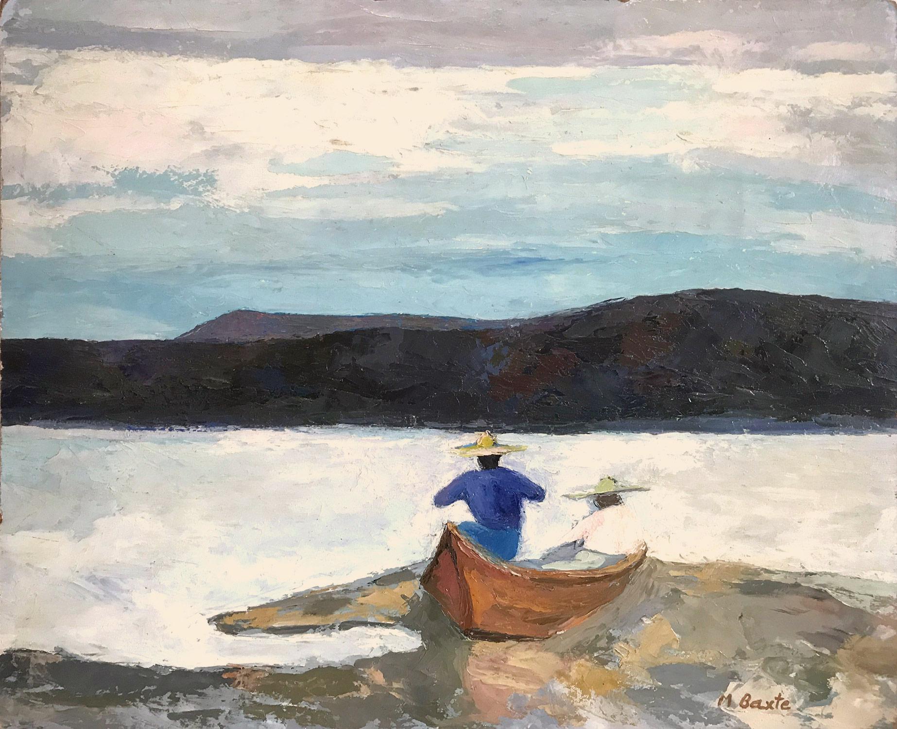 "Mexican Landscape Water Scene with Figures and Boat" Expressionistic Style
