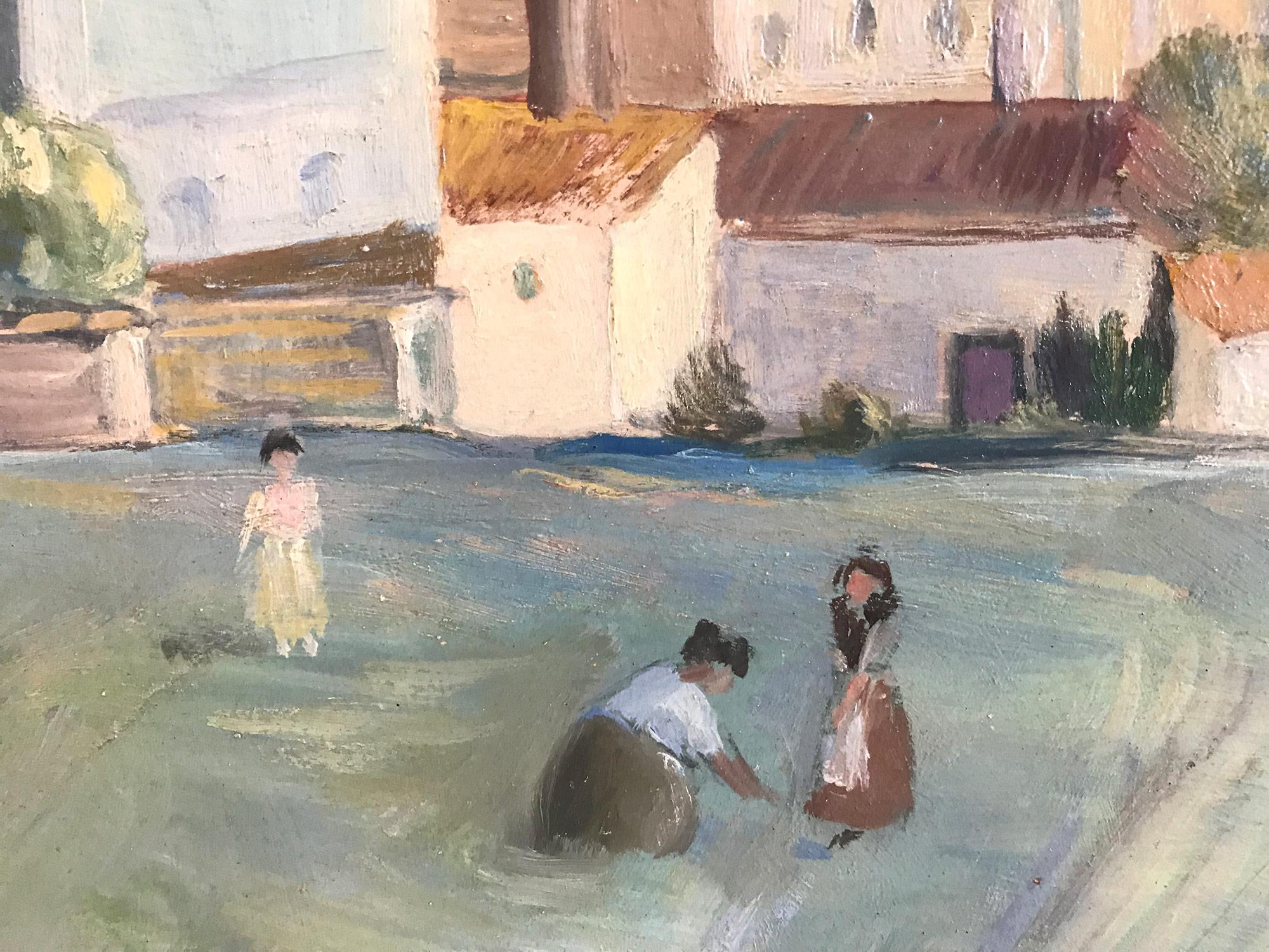 A strong modernist oil painting depicted in the Mid Century by Russian painter Michael Baxte. Mostly known for his abstracted figures on canvas or street scenes, this piece is a wonderful representation of his landscapes with expressive use of