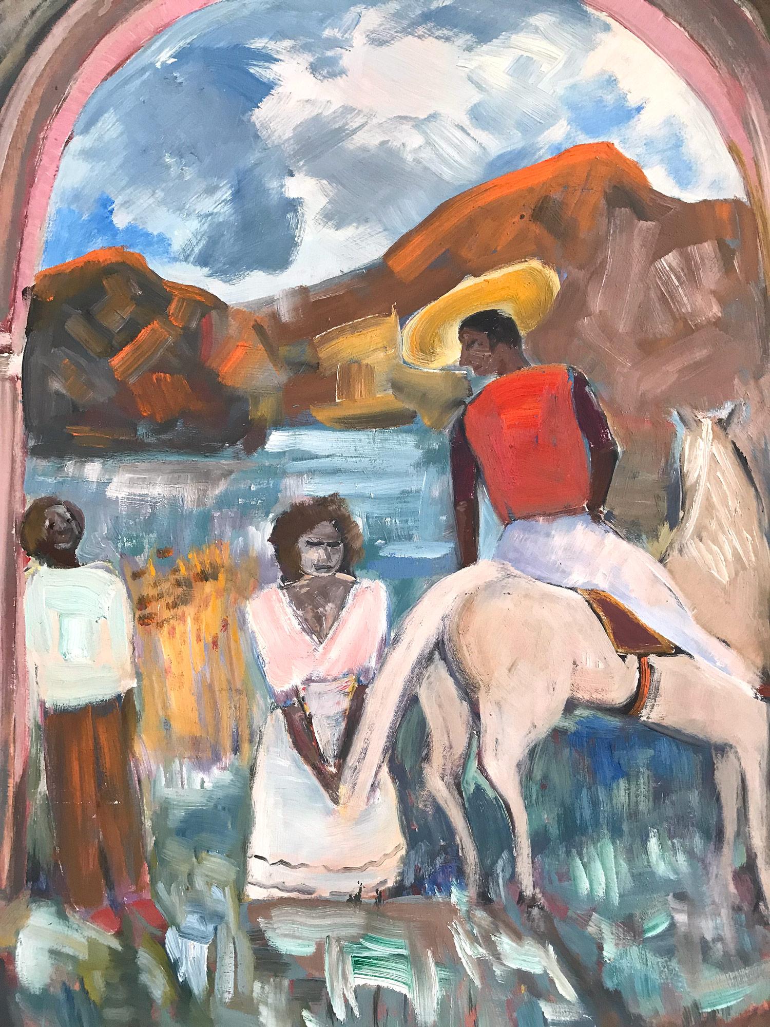 Peinture à l'huile de style expressionniste « Scène de villageois mexicain avec un homme sur un cheval » - Painting de Michael Baxte