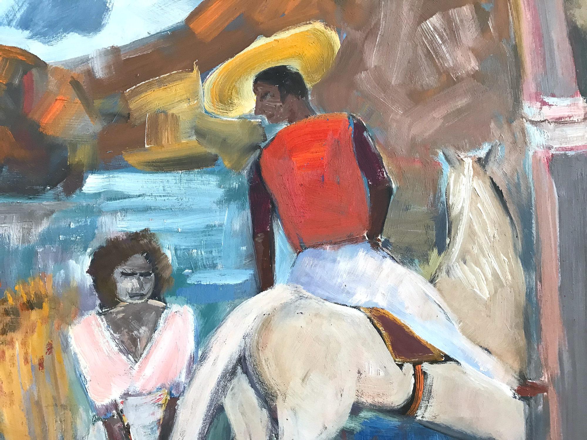 Peinture à l'huile de style expressionniste « Scène de villageois mexicain avec un homme sur un cheval » - Expressionniste Painting par Michael Baxte