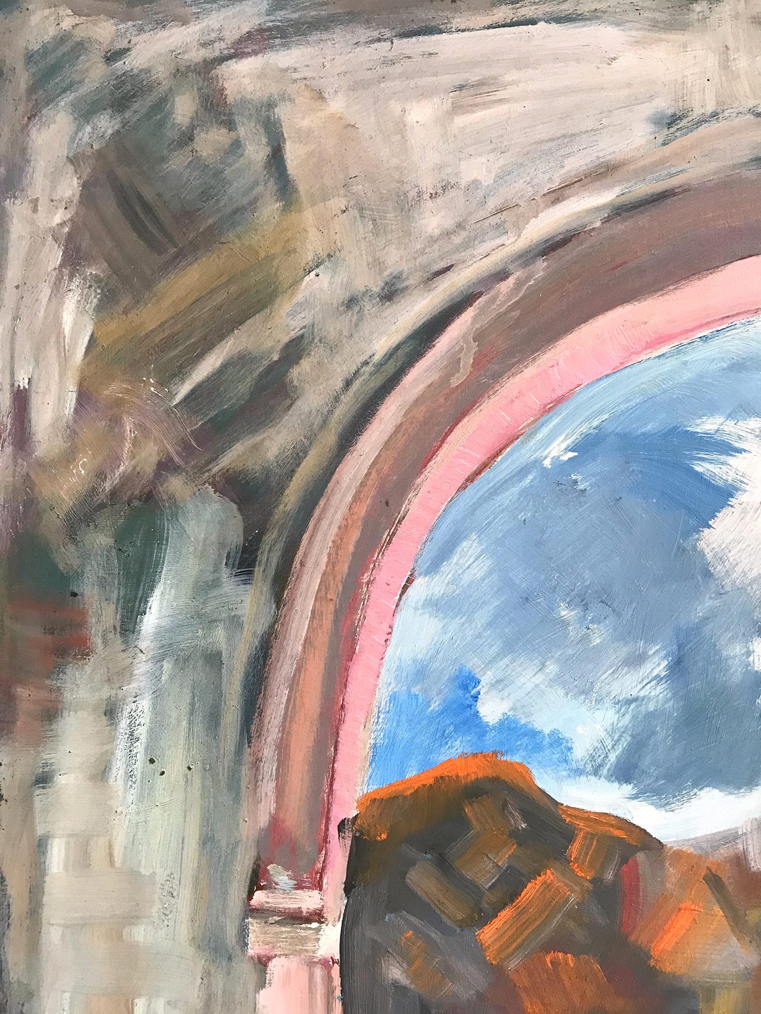 Peinture à l'huile de style expressionniste « Scène de villageois mexicain avec un homme sur un cheval » - Gris Landscape Painting par Michael Baxte