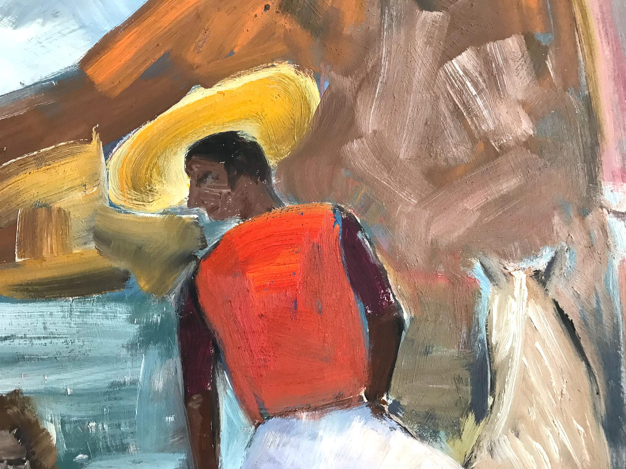 Peinture à l'huile de style expressionniste « Scène de villageois mexicain avec un homme sur un cheval » en vente 2