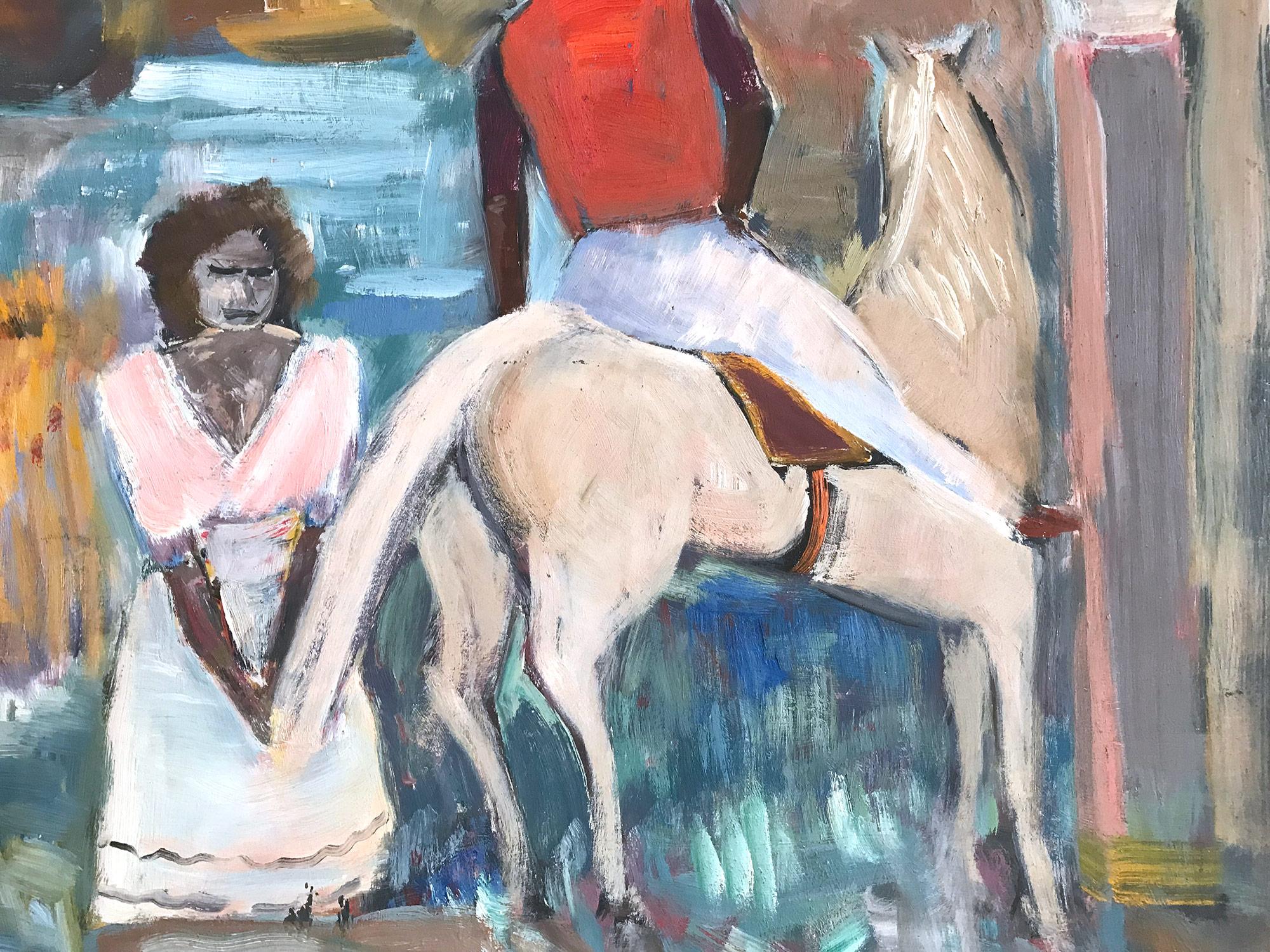 Peinture à l'huile de style expressionniste « Scène de villageois mexicain avec un homme sur un cheval » en vente 4