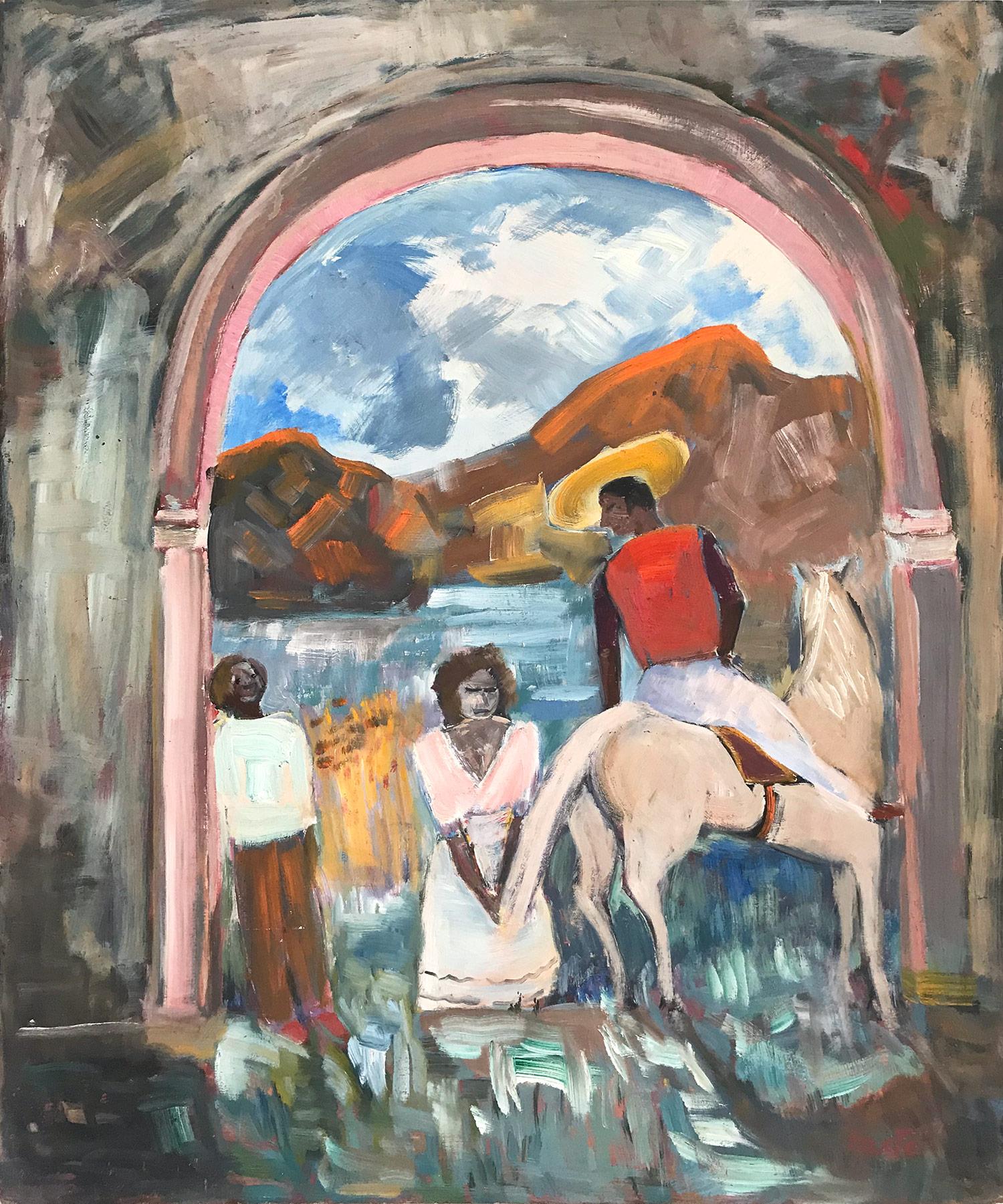 Landscape Painting de Michael Baxte - "Escena de aldeanos mexicanos con hombre a caballo" Pintura al óleo de estilo expresionista