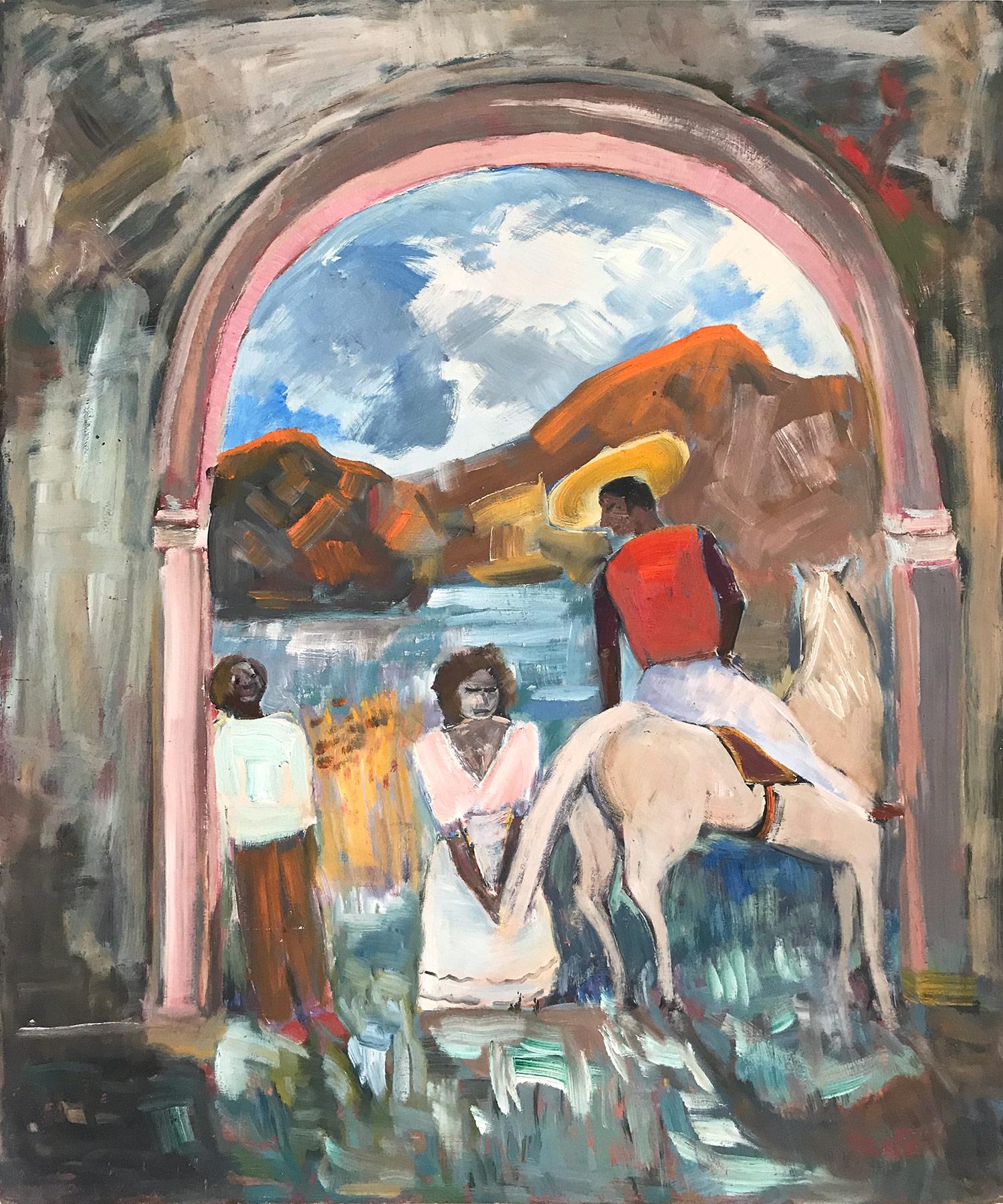 Landscape Painting Michael Baxte - Peinture à l'huile de style expressionniste « Scène de villageois mexicain avec un homme sur un cheval »