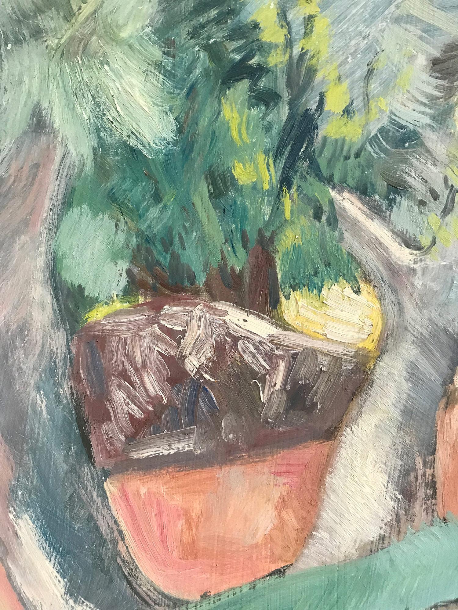 Un fuerte óleo modernista pintado en 1963 por el pintor ruso Michael Baxte. Conocido sobre todo por sus figuras abstractas sobre lienzo o escenas callejeras, esta pieza es una maravillosa representación de sus paisajes con un uso expresivo del