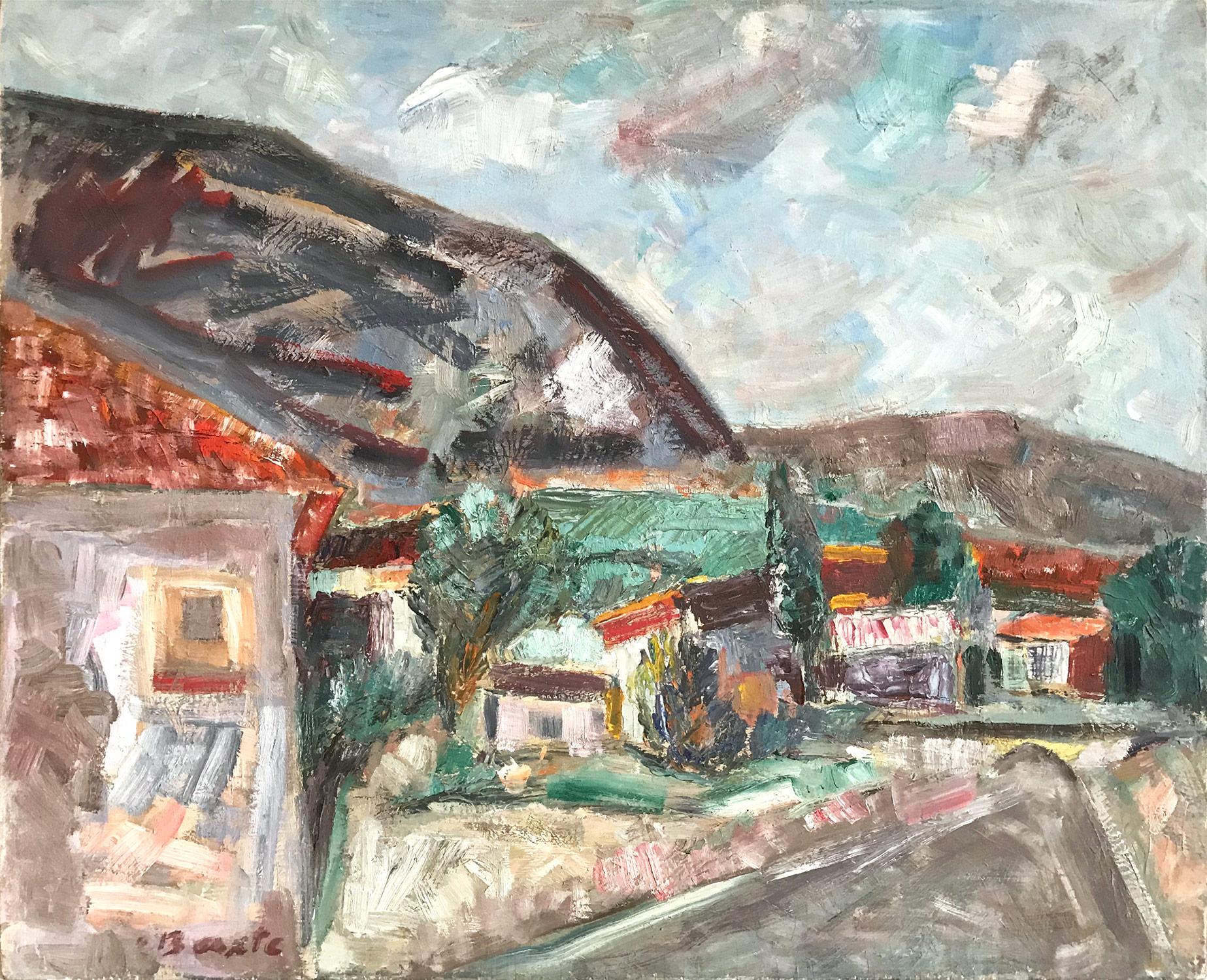 "Mexican Village Landscape Scene with Houses" Expressionistic Style Oil Painting