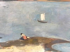 Mid Century Modern Oil Painting of Lake with Puffed Clouds and Sailboat & Figure