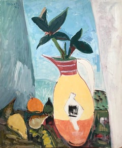 "Modernist Still Life with Vase and Fruits" Expressionistic Style Oil Painting