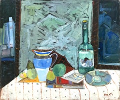 "Still Life on Table Top" Expressionistic Style Oil Painting on Masonite