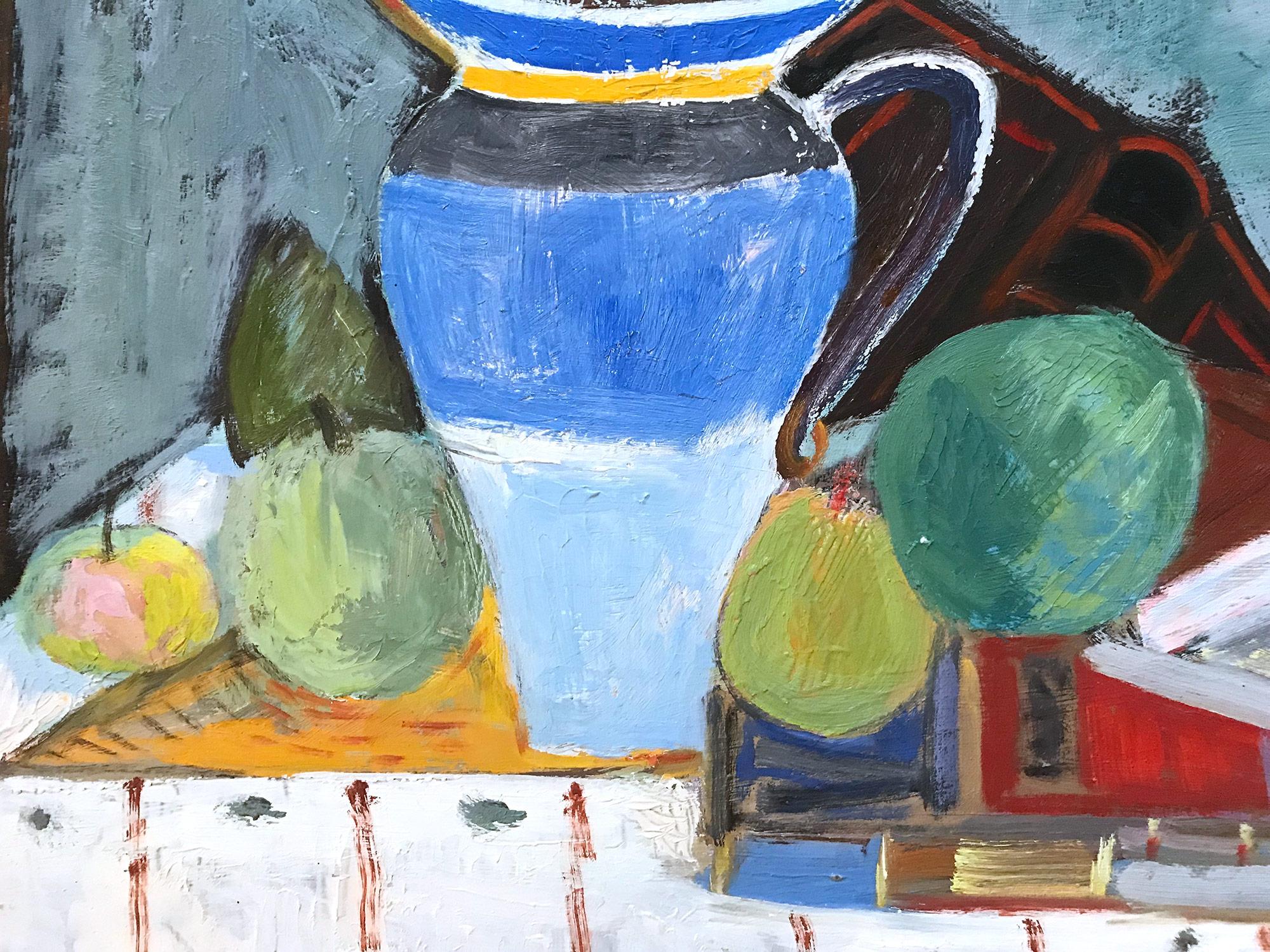A strong modernist oil painting depicted in the mid Century by Russian painter Michael Baxte. Mostly known for his abstracted figures on canvas or street scenes, this piece is a wonderful representation of his bold still life paintings, with