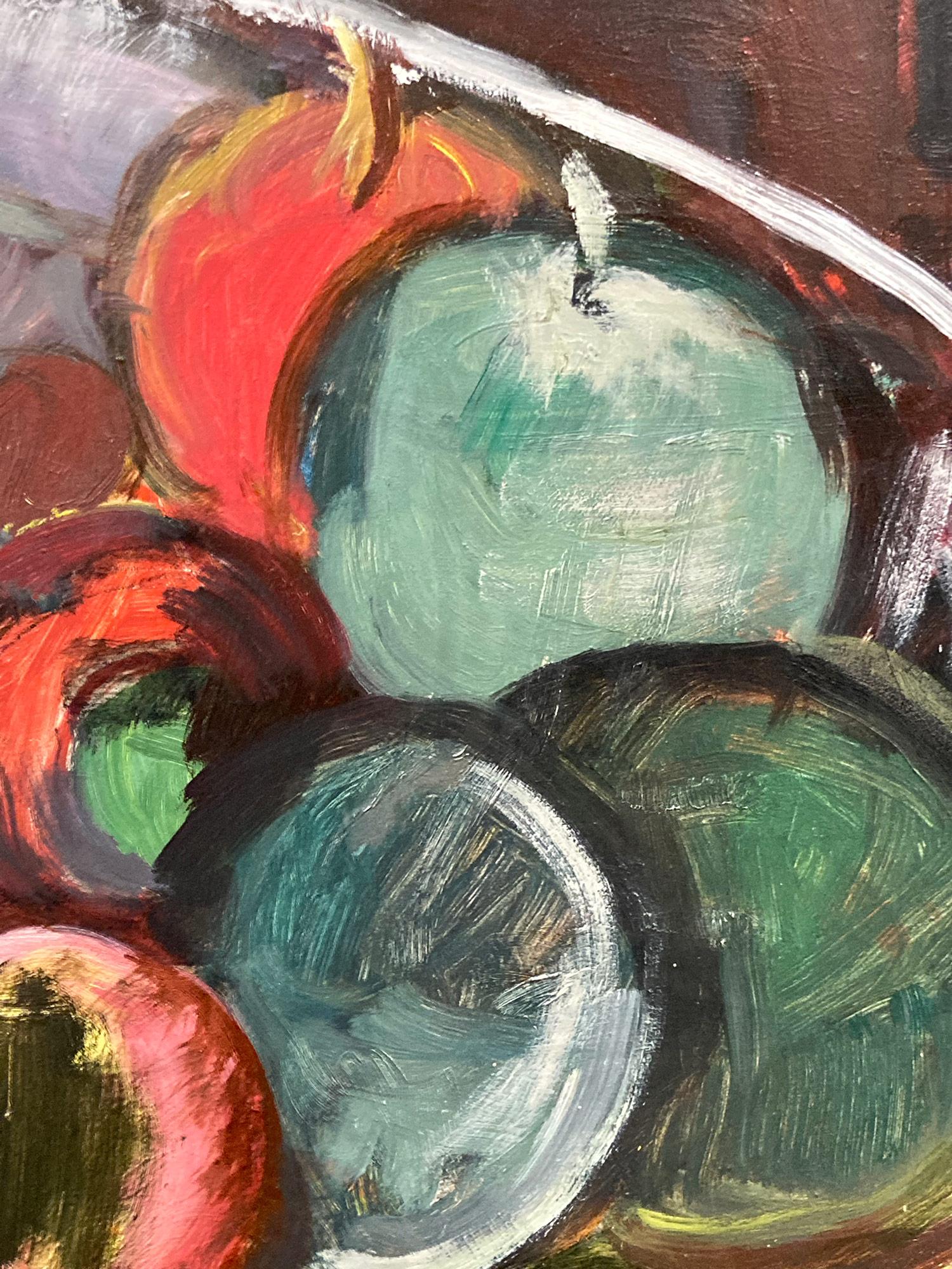 A strong modernist oil painting depicted in the mid Century by Russian painter Michael Baxte. Mostly known for his abstracted figures on canvas or street scenes, this piece is a wonderful representation of his bold still life paintings, with