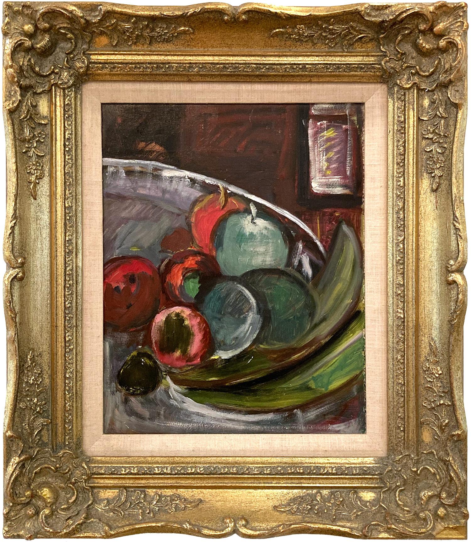 Michael Baxte Still-Life Painting - "Still Life with Apples" Fruit Modern Mid Century Oil Painting on Board Painting
