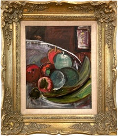 "Natura morta con mele" Pittura a olio su tavola di frutta moderna del metà del secolo scorso