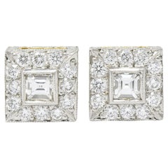 Michael Beaudry Diamond Platinum 18 Karat Gold Square Halo Stud Earrings
