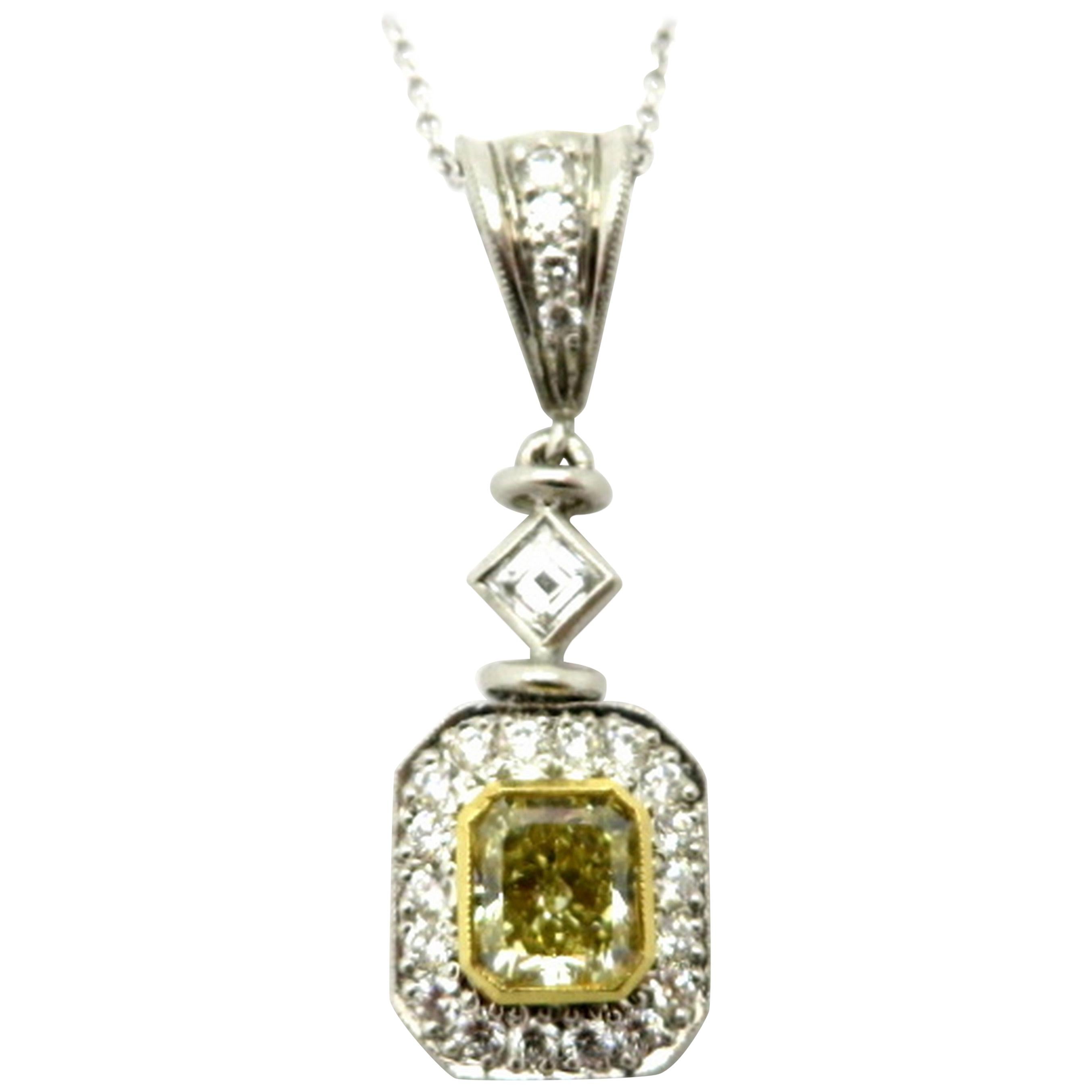 Michael Beaudry Fancy Yellow Radiant Cut Diamond 18 Karat and Platinum Necklace For Sale