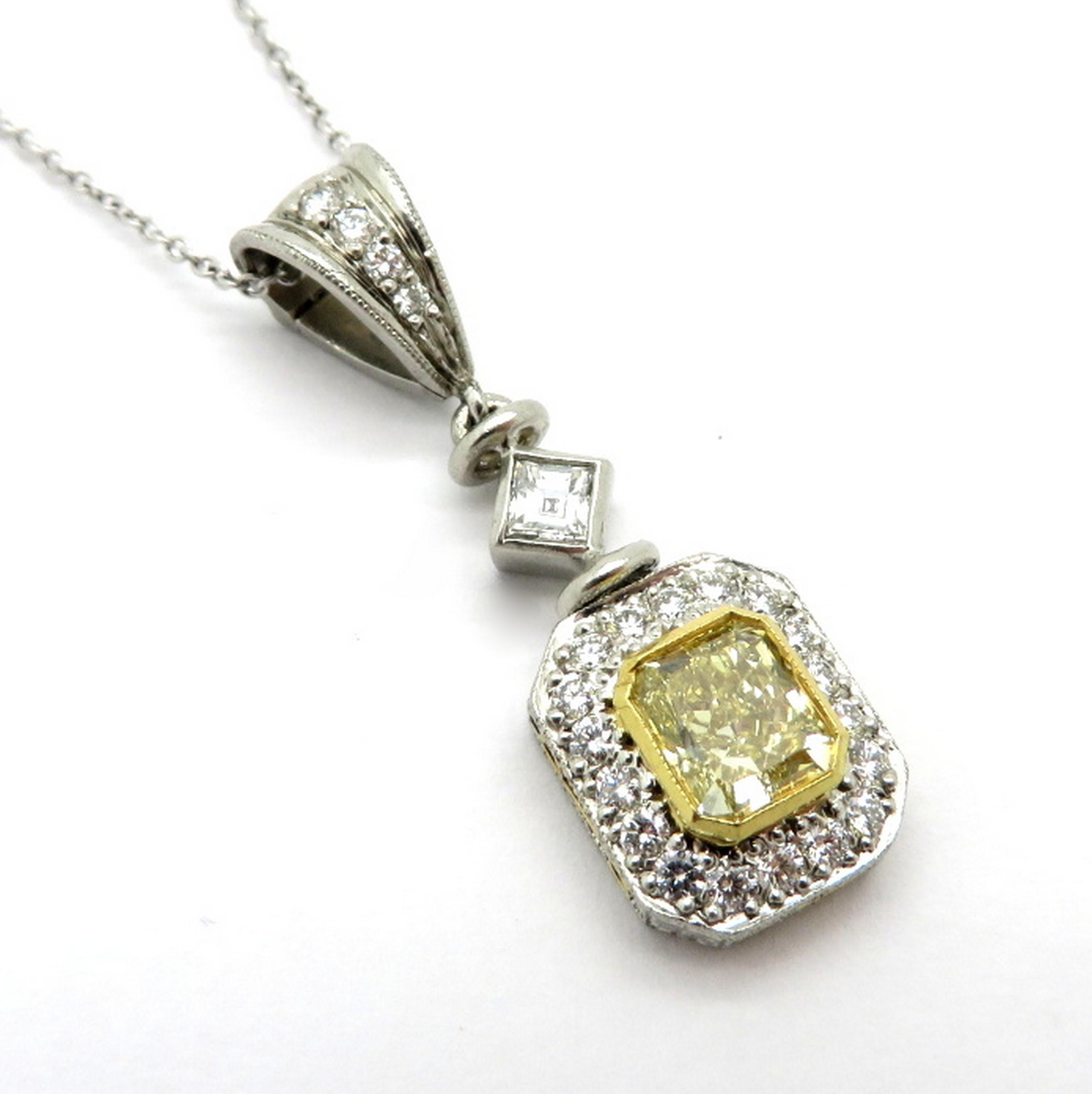 Michael Beaudry Fancy Yellow Radiant Cut Diamond 18 Karat and Platinum Necklace In Excellent Condition For Sale In Scottsdale, AZ