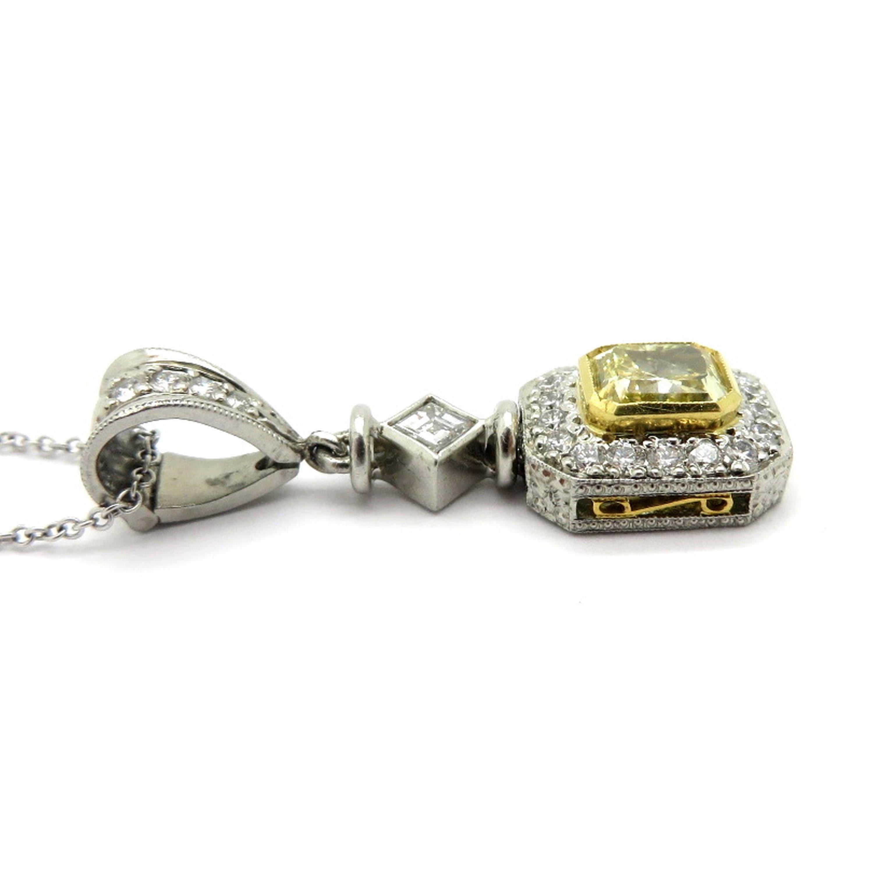 Women's Michael Beaudry Fancy Yellow Radiant Cut Diamond 18 Karat and Platinum Necklace For Sale