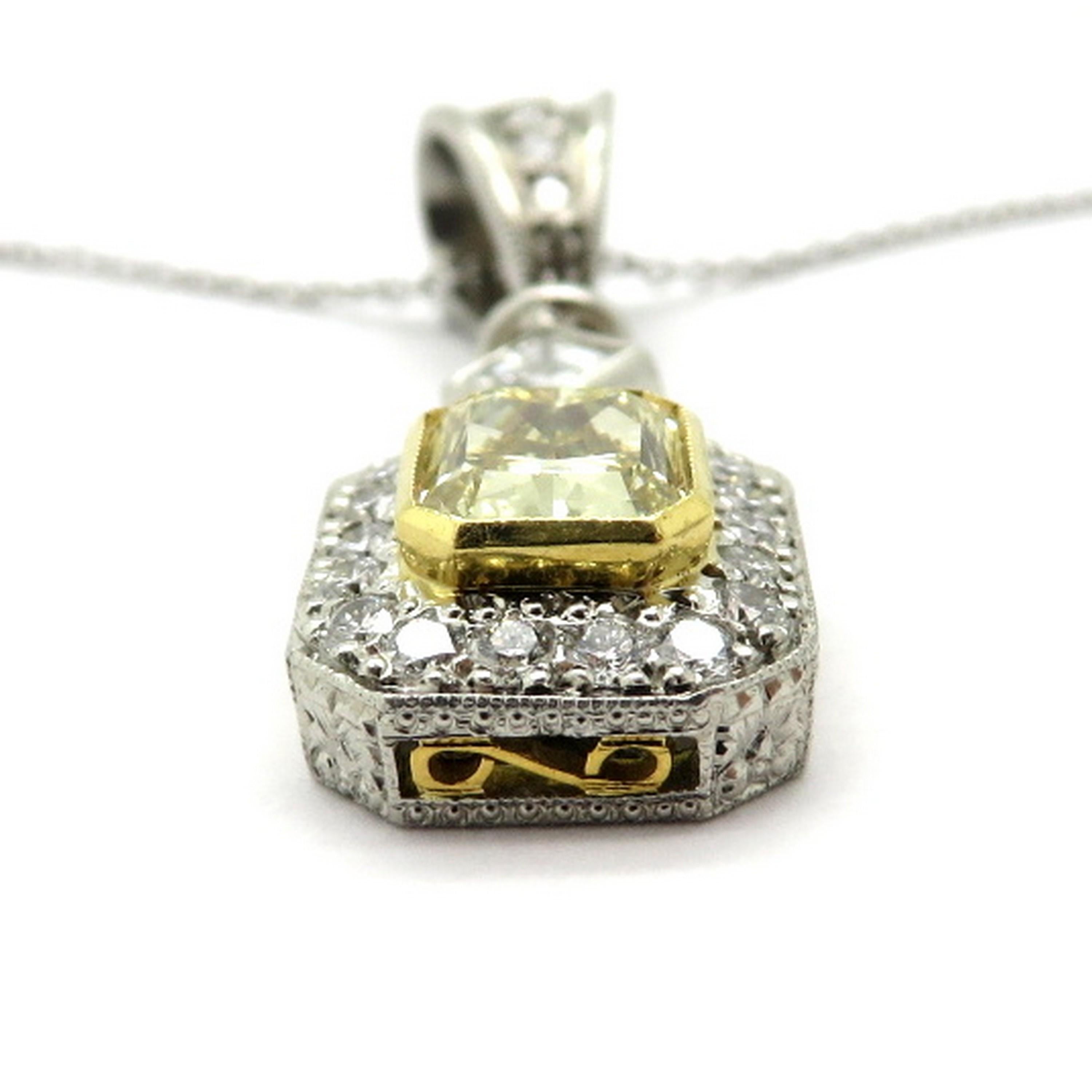 Michael Beaudry Fancy Yellow Radiant Cut Diamond 18 Karat and Platinum Necklace For Sale 1