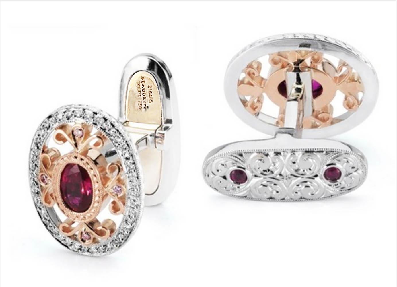 Aufwendig handgefertigte Michael Beaudry Manschettenknöpfe mit Rubin, rosa Diamanten und weißen Diamanten. Diese Manschettenknöpfe aus Platin und 18-karätigem Gold Fleur-de-Lis Silhouette in ovaler Form mit Rubinen und Diamanten sind ein