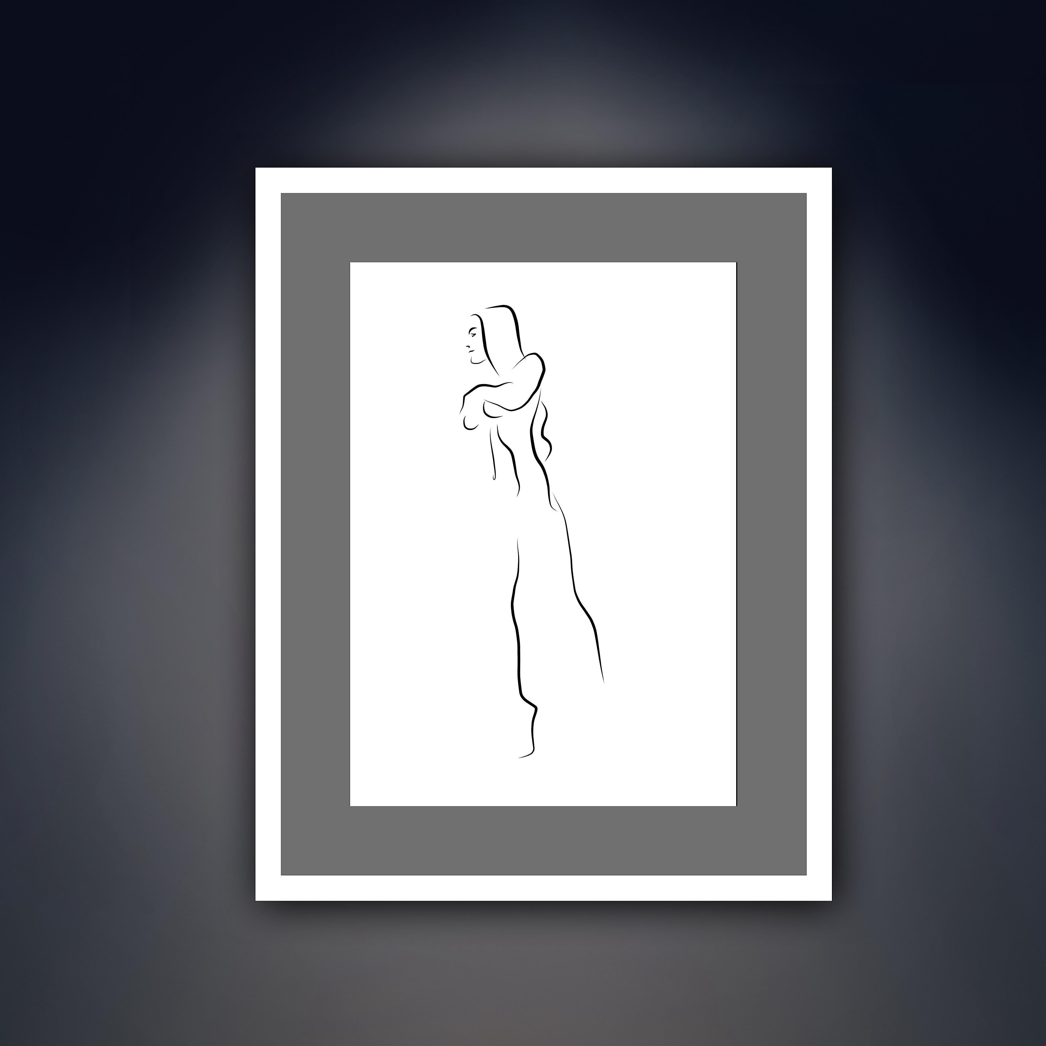 Haiku #12  - Digital Vector Drawing B&W Walking Female Nude Woman Figure - Contemporary Print by Michael Binkley
