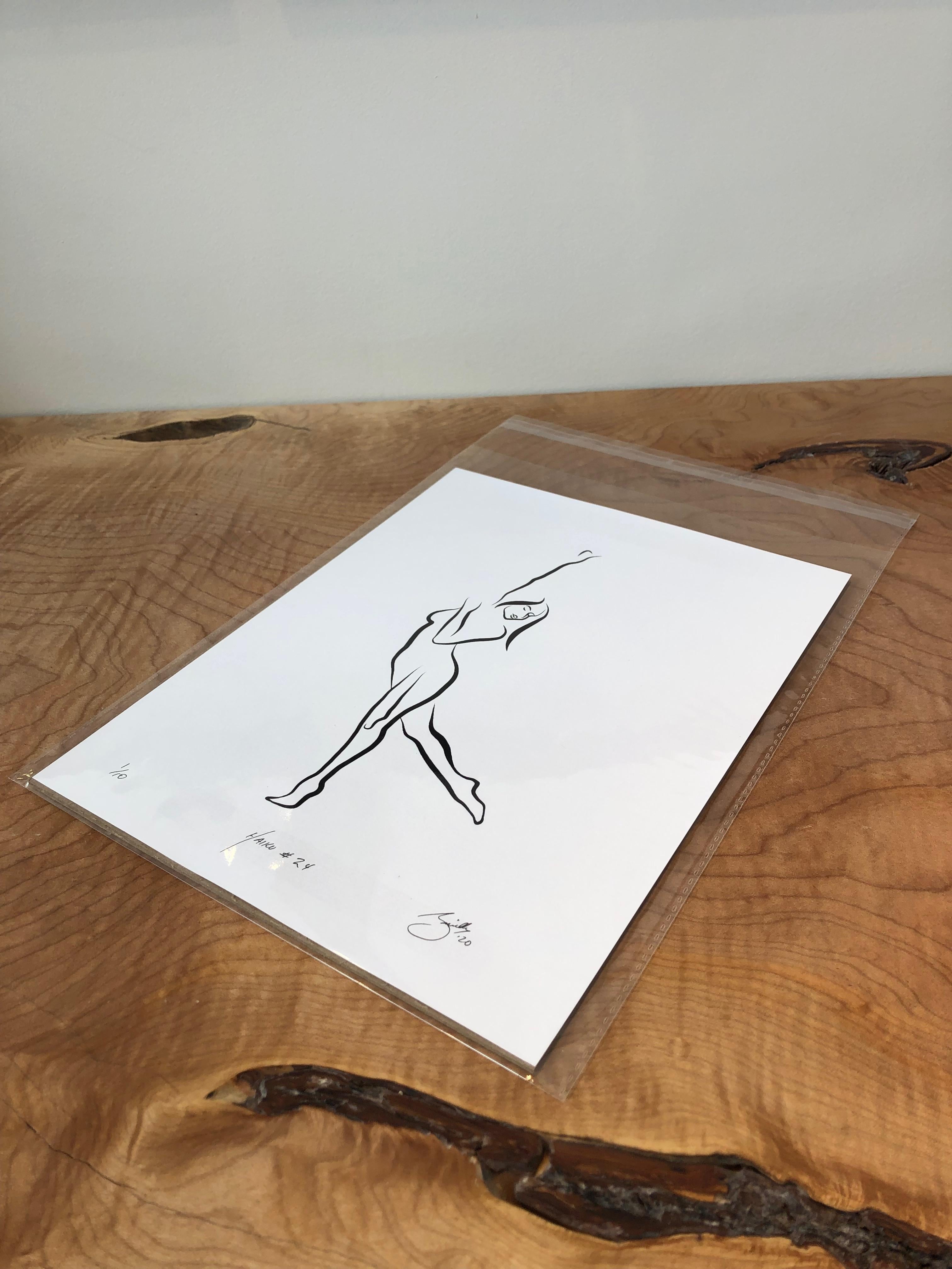 Haiku n° 24, 1/50 - Drawing numérique représentant une femme nue dansant, bras levés - Print de Michael Binkley