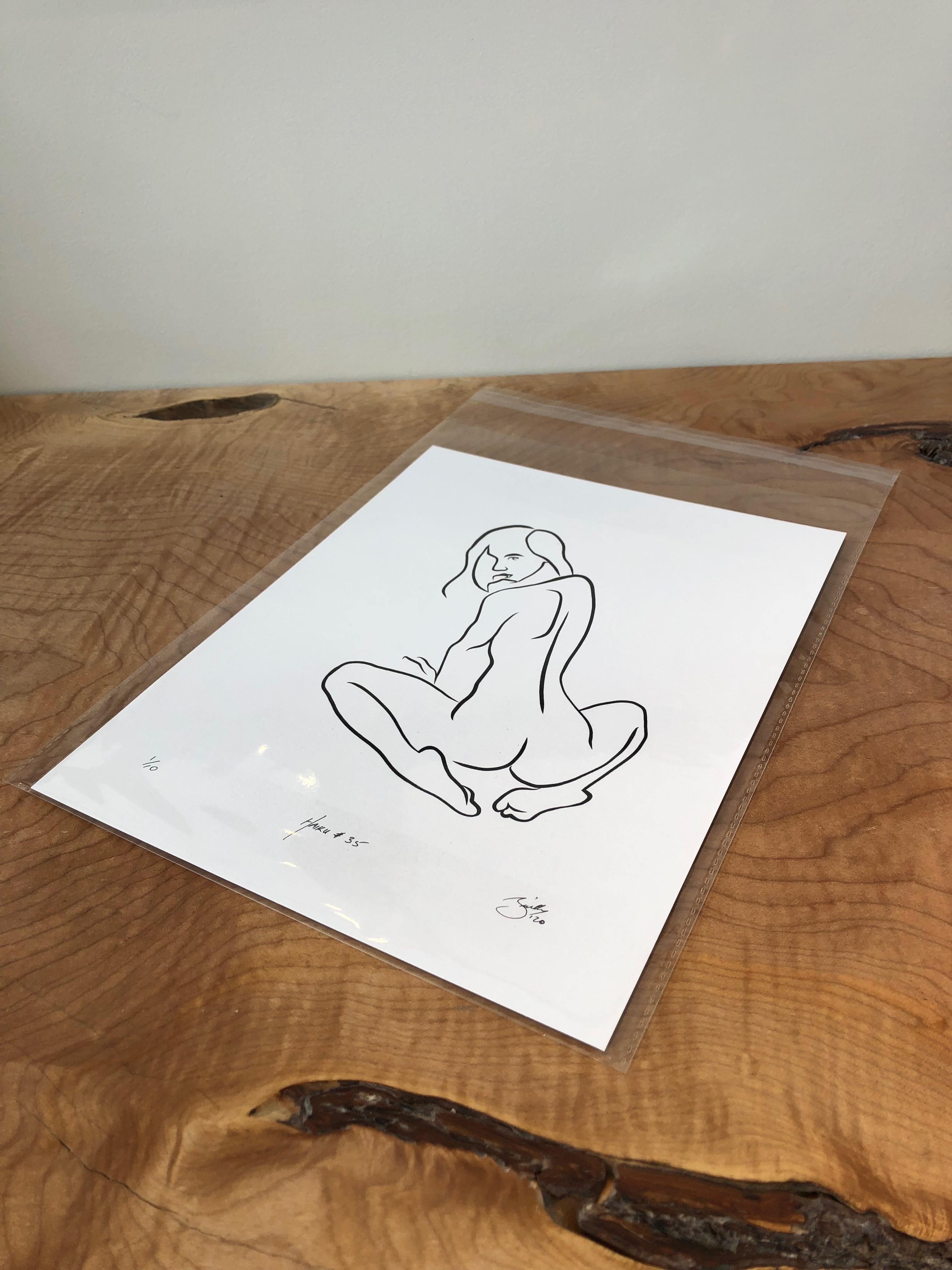 Haiku n°35, 1/50, dessin numérique représentant une femme nue assise et regardant - Print de Michael Binkley