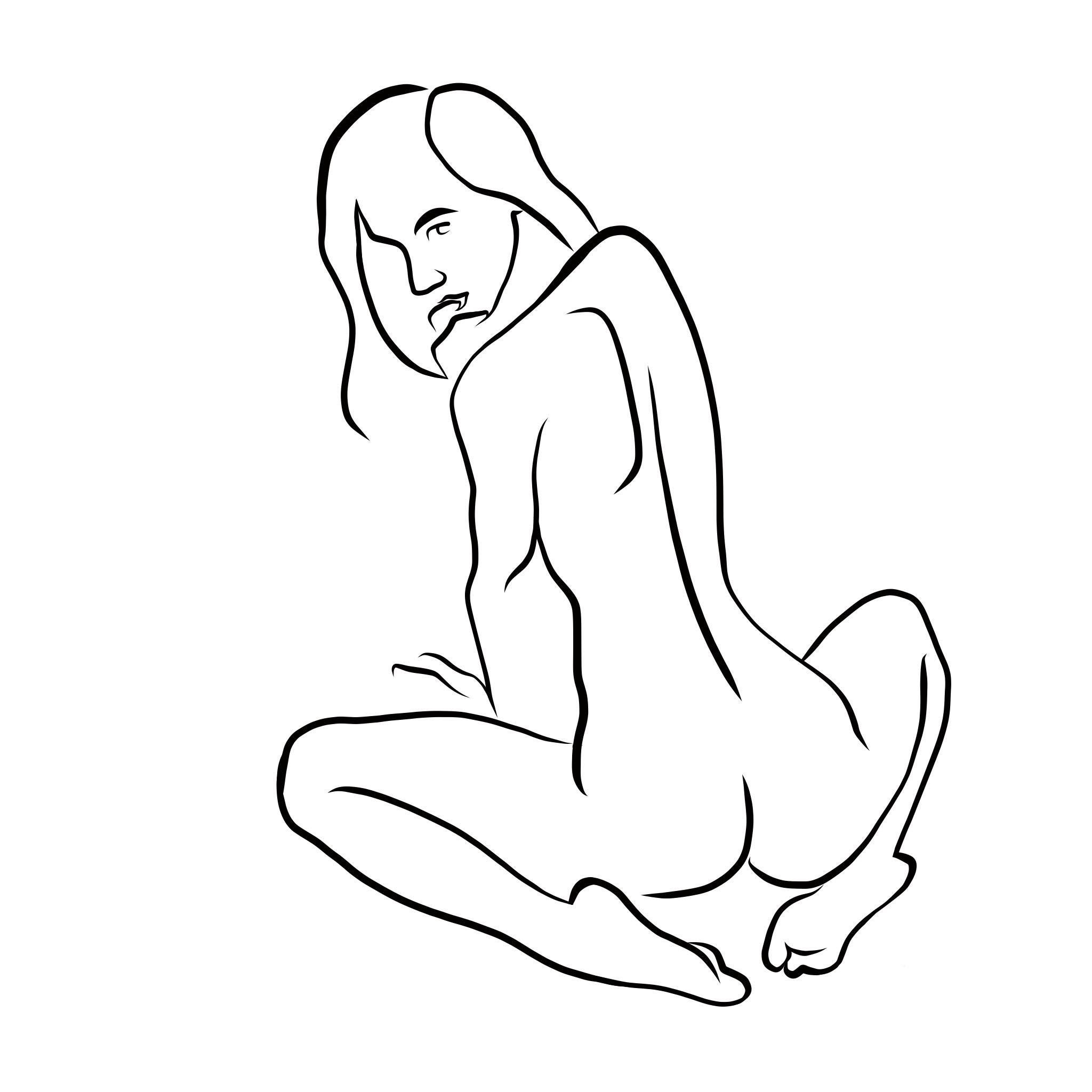 Nude Print Michael Binkley - Haiku n°35, 1/50, dessin numérique représentant une femme nue assise et regardant