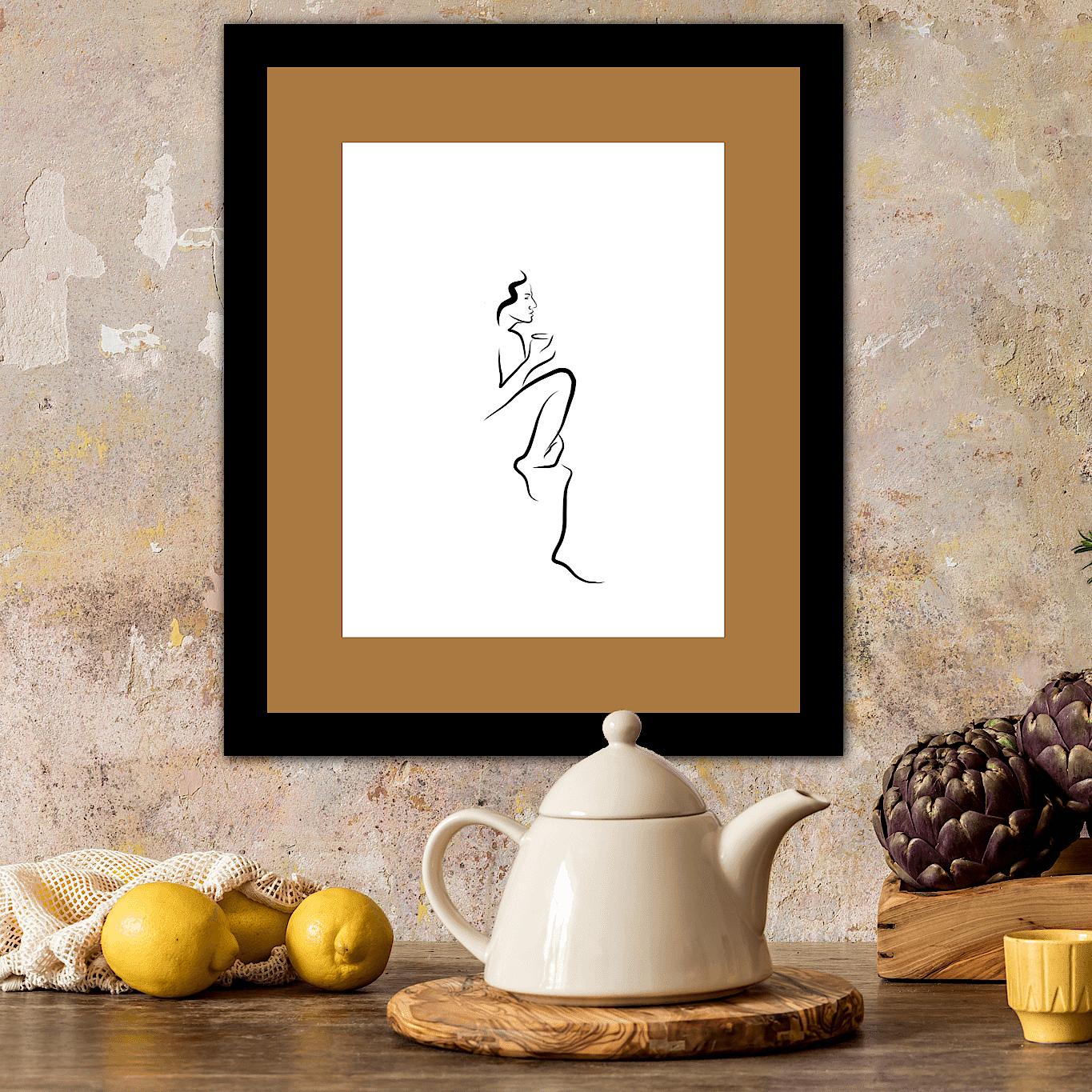 Haiku #51, 1/50 - Digitale Vektor-Zeichnung Sitzende weibliche Aktfigur Nippel Kaffee (Zeitgenössisch), Print, von Michael Binkley
