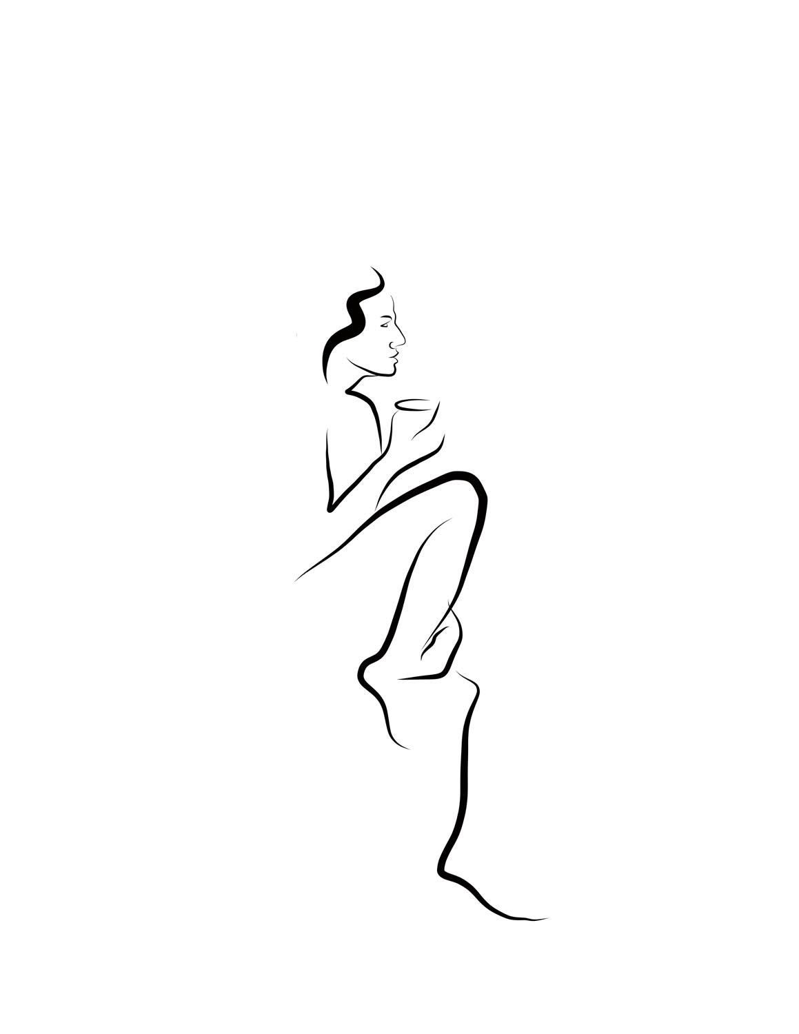 Nude Print Michael Binkley - Haiku n°51, 1/50 - Dessin numérique représentant une femme nue assise sur une table basse