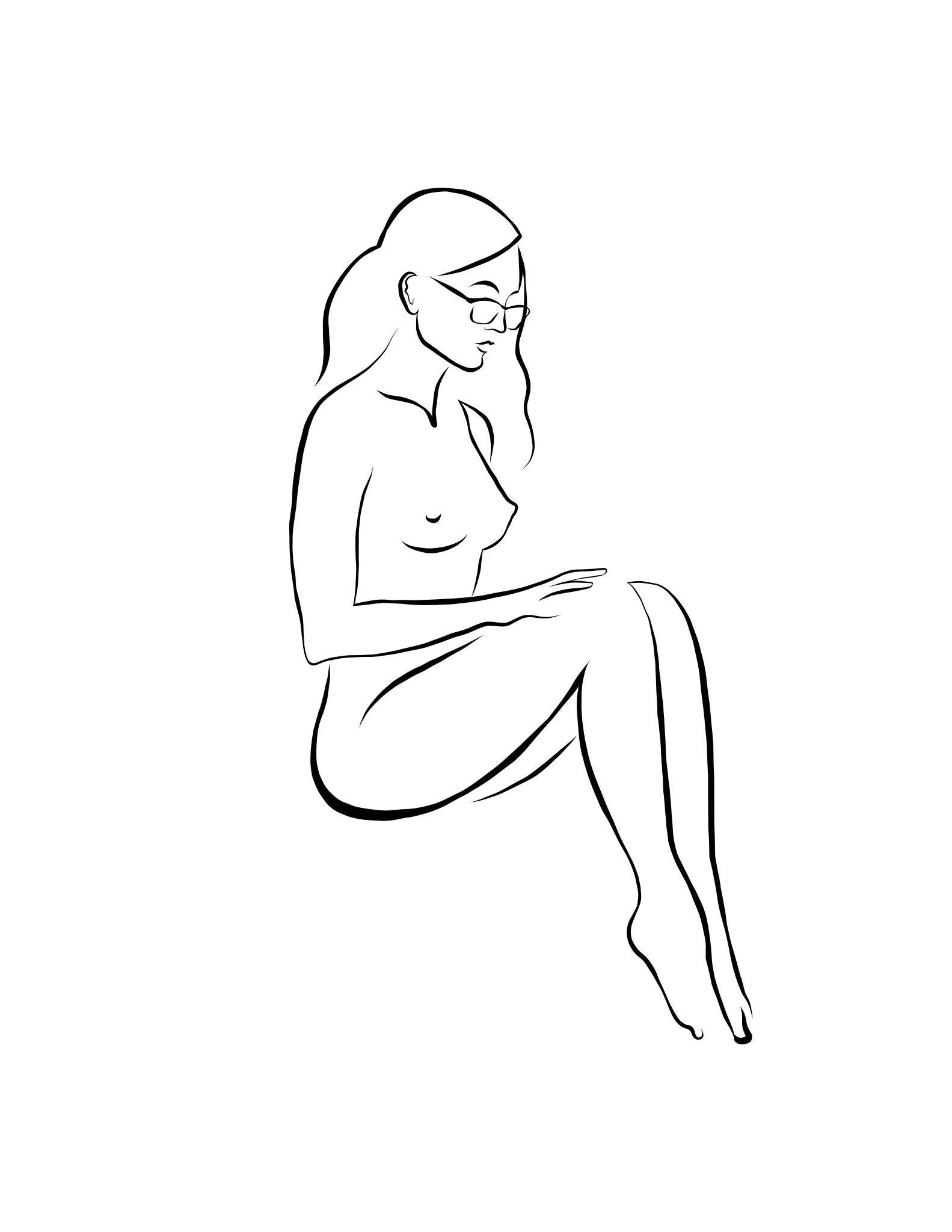 Haiku #52, 1/50 - Digitale Vector-Zeichnung, sitzende weibliche nackte weibliche Akt-Frauenfigur, Gläser, Figur