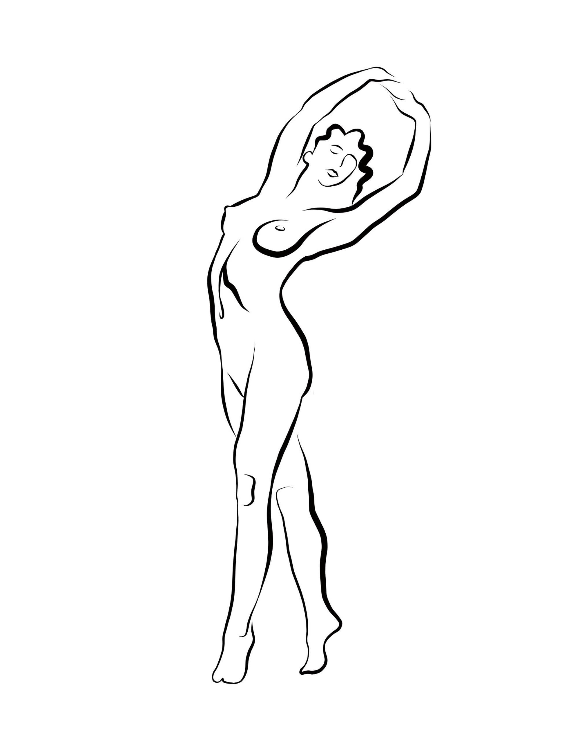 Michael Binkley Nude Print – Haiku #56 – Digitale Vector-Zeichnung, stehende weibliche Aktfigur, Arme hochgehoben