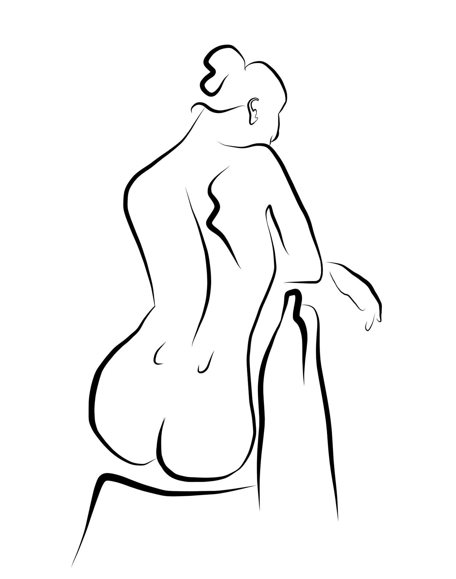 Haiku n° 57 - Dessin numérique d'un nu féminin assis depuis l'arrière