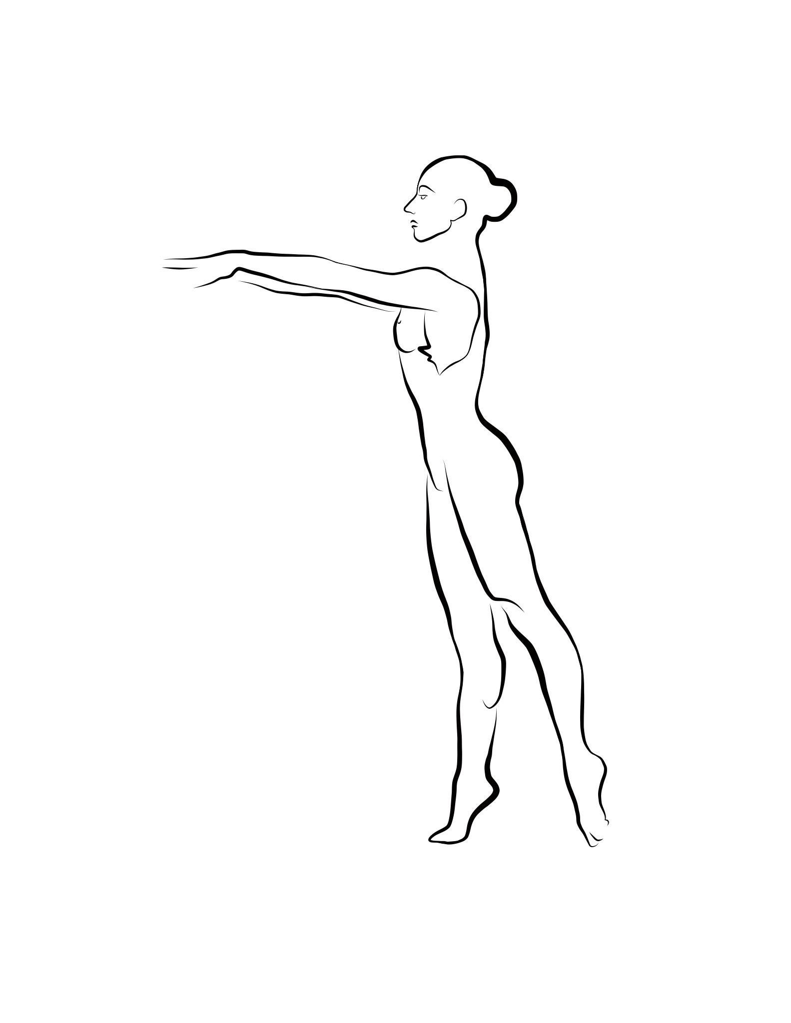 Haiku #61, 1/50 - Digitale Vector-Zeichnung B&W weiblicher Akt, stehender Zeichnung Tiptoe