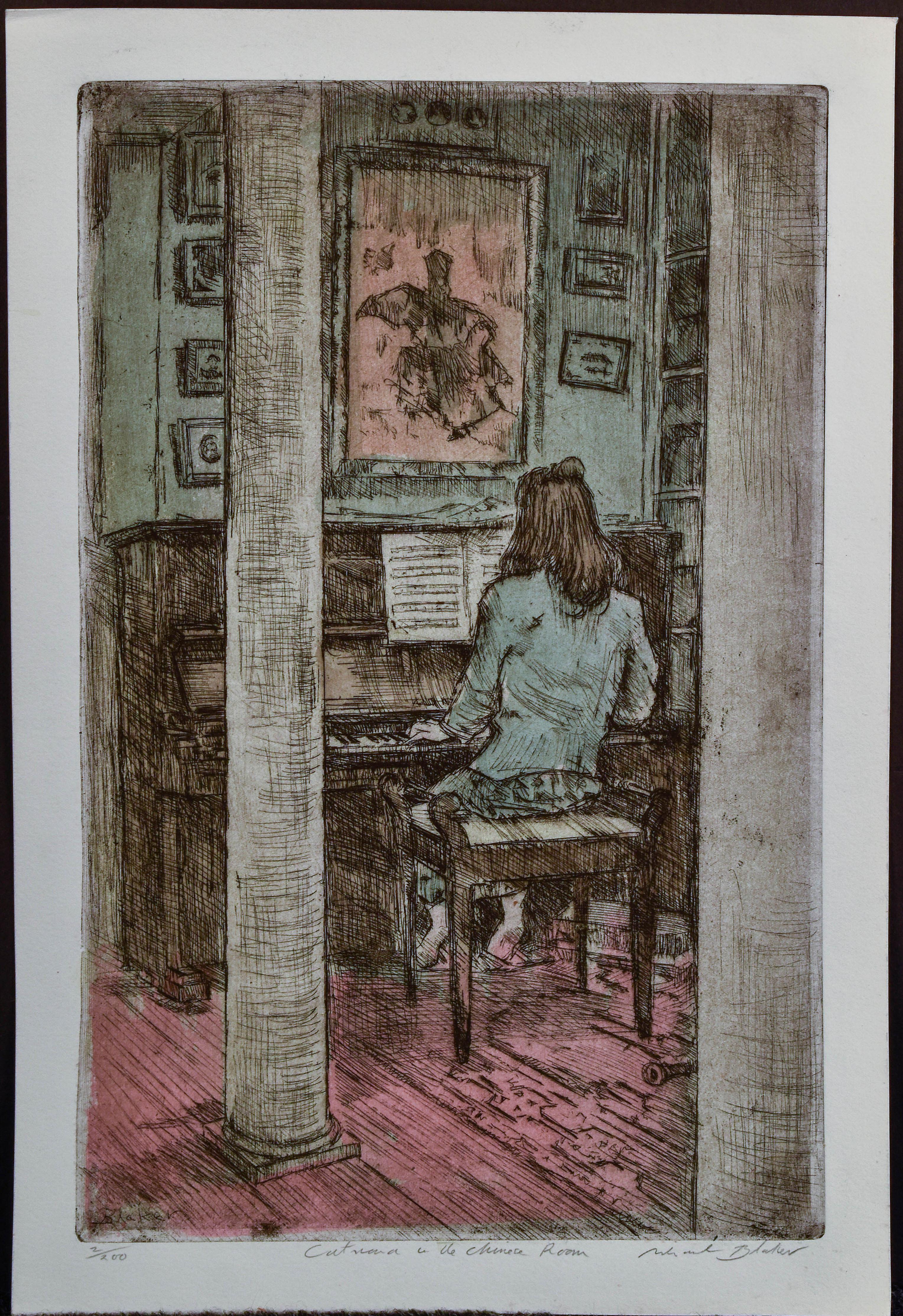 "Catrina in the Chinese Room  2/200" Hand Color Etching 16 x 11 - Print by Michael Blaker