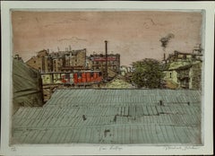 Retro Michael Blaker, "Paris Rooftops, 49/90 Hand Colored Etching 12 1/2 x 16