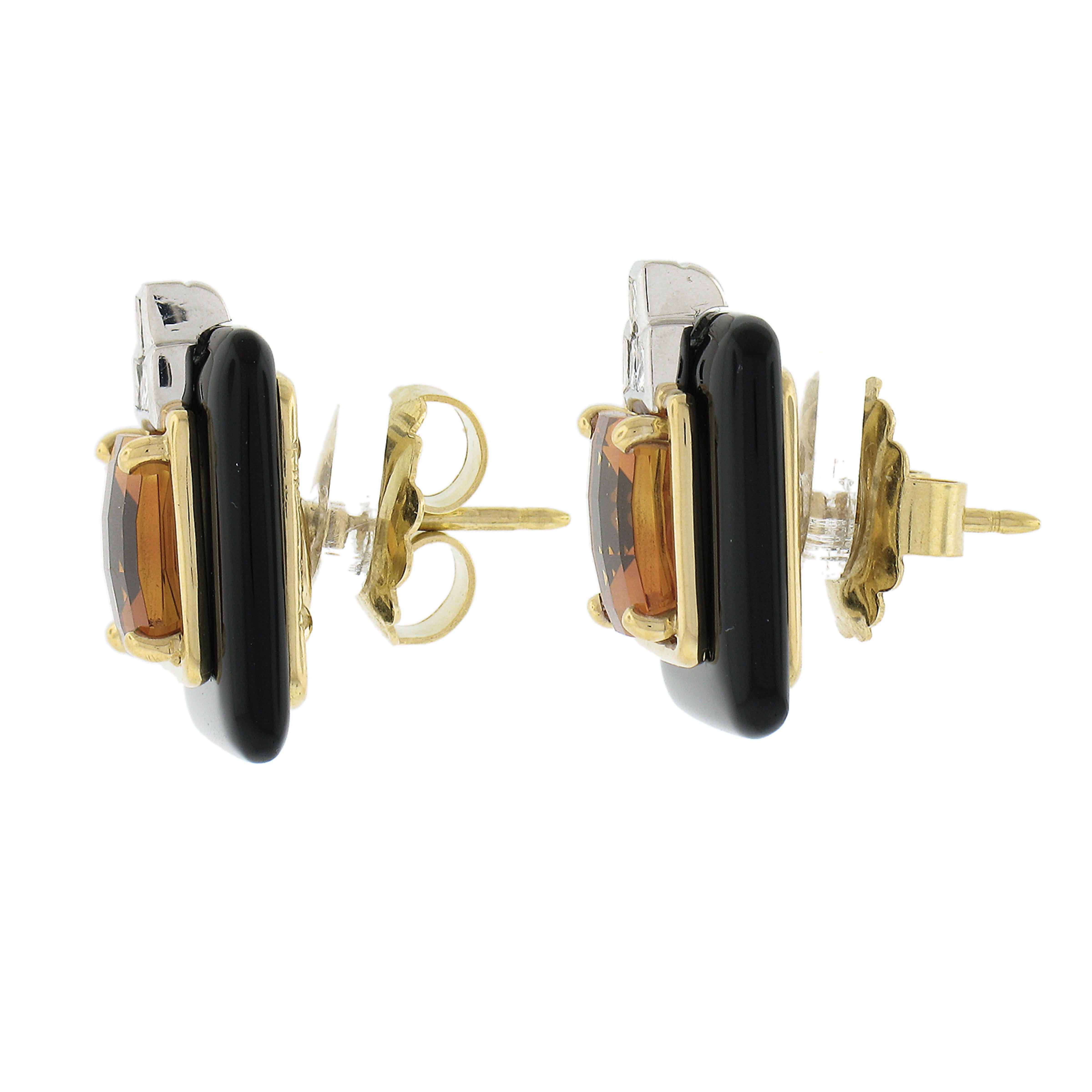 Square Cut Michael Bondanza 18k Gold & Platinum Citrine Black Onyx & Diamond Stud Earrings For Sale