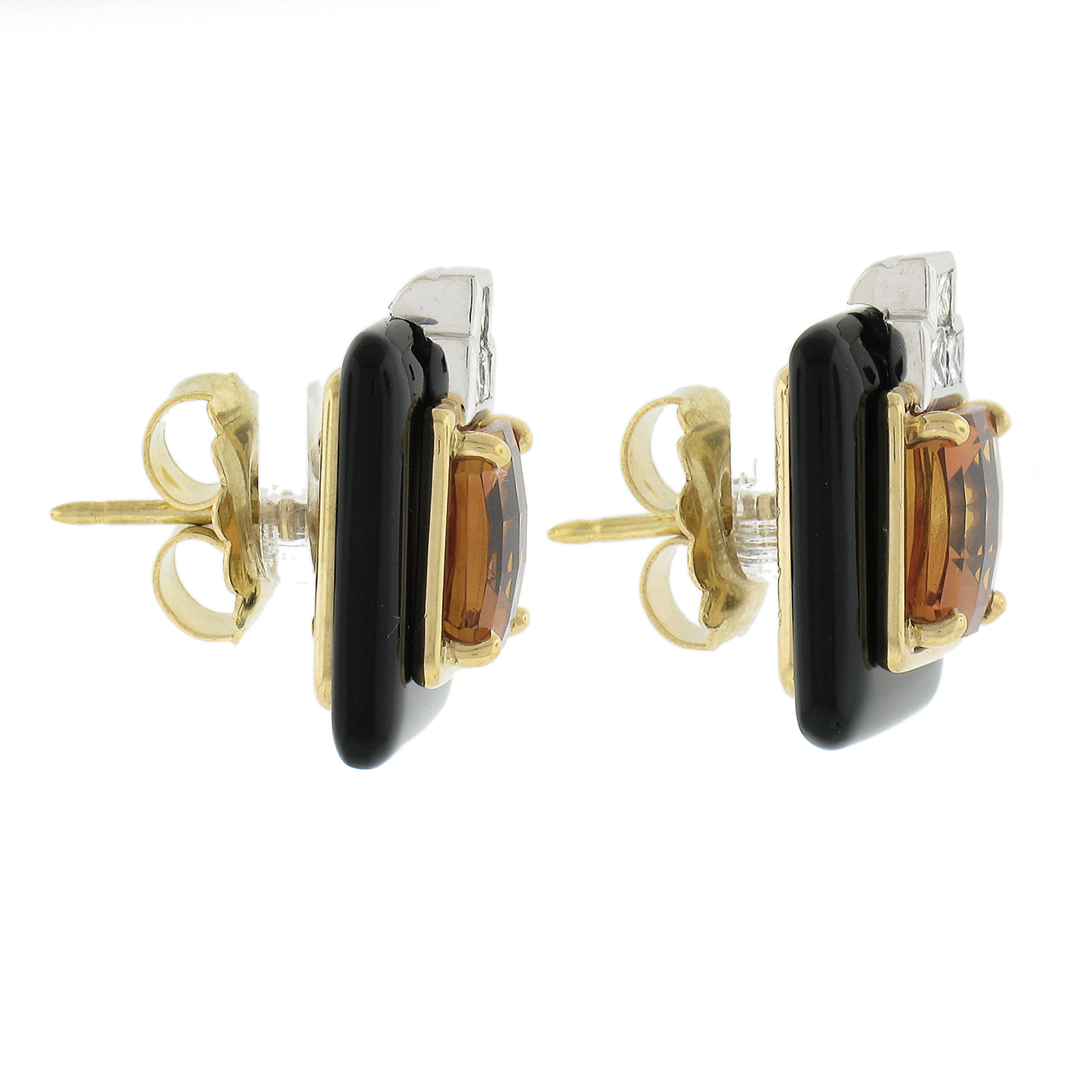 Michael Bondanza 18k Gold & Platinum Citrine Black Onyx & Diamond Stud Earrings In Excellent Condition For Sale In Montclair, NJ