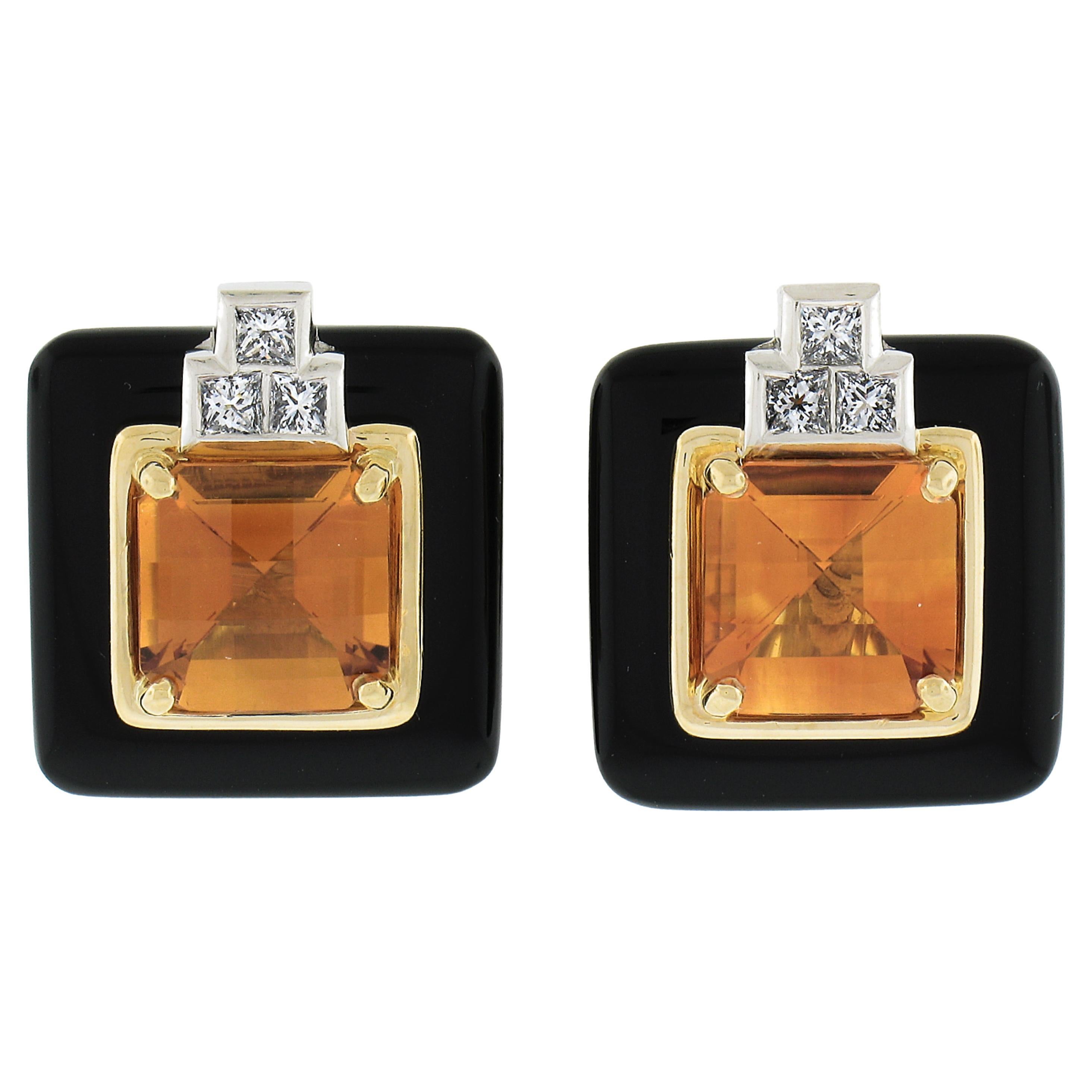 Michael Bondanza 18k Gold & Platinum Citrine Black Onyx & Diamond Stud Earrings For Sale
