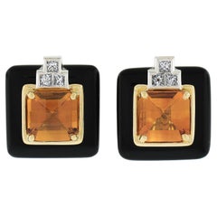 Michael Bondanza 18k Gold & Platinum Citrine Black Onyx & Diamond Stud Earrings