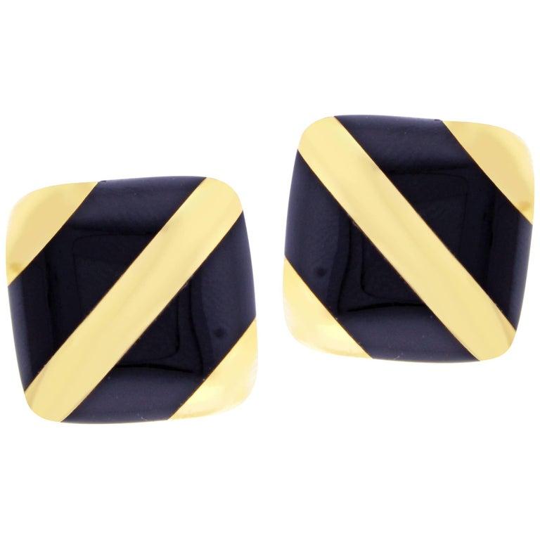 Michael Bondanza Black Onyx Striped Gold Earrings In Excellent Condition In Bethesda, MD