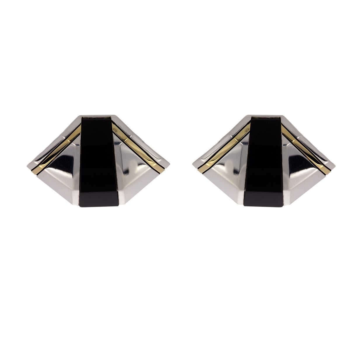 Michael Bondanza Deco Silver & Gold Cabochon Onyx Clip Earrings In Excellent Condition In Columbia, MO