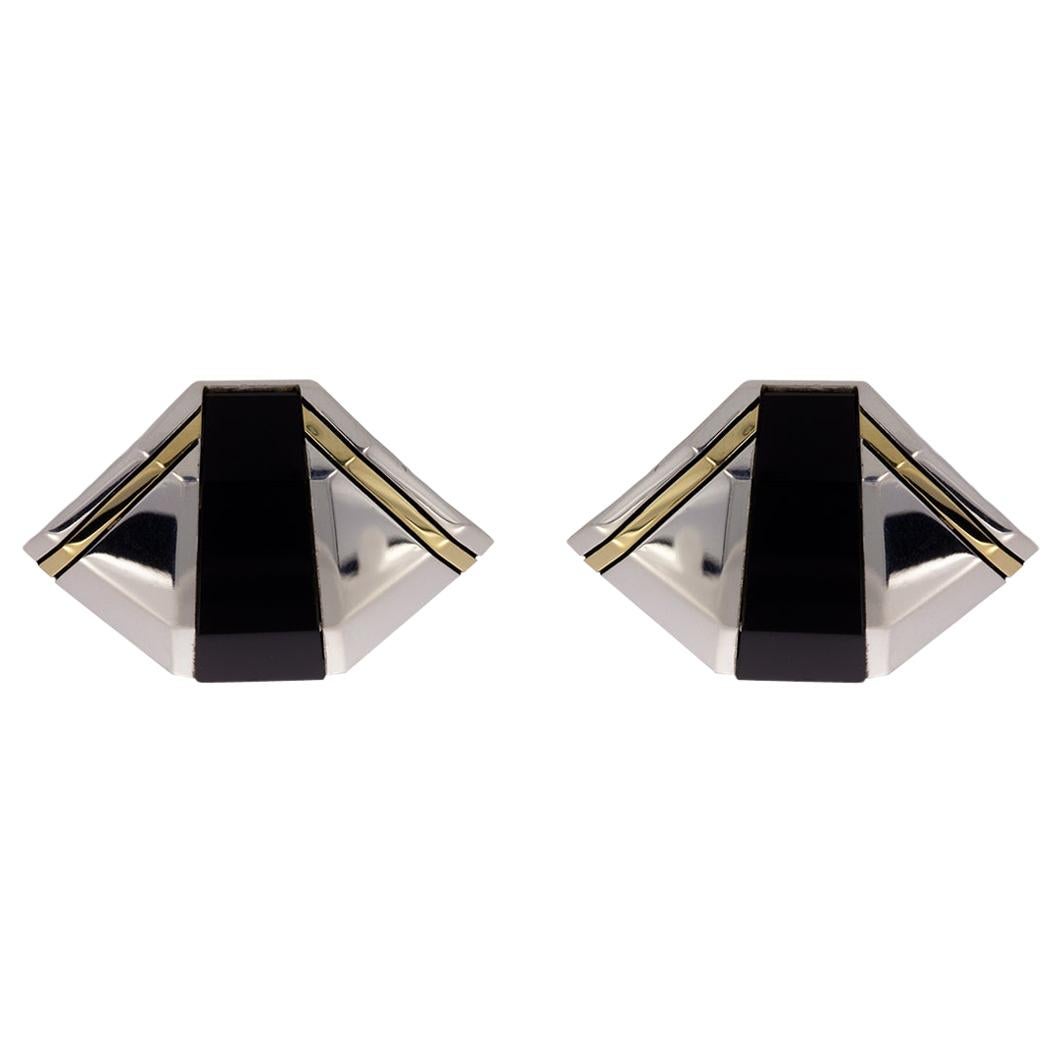 Michael Bondanza Deco Silver & Gold Cabochon Onyx Clip Earrings